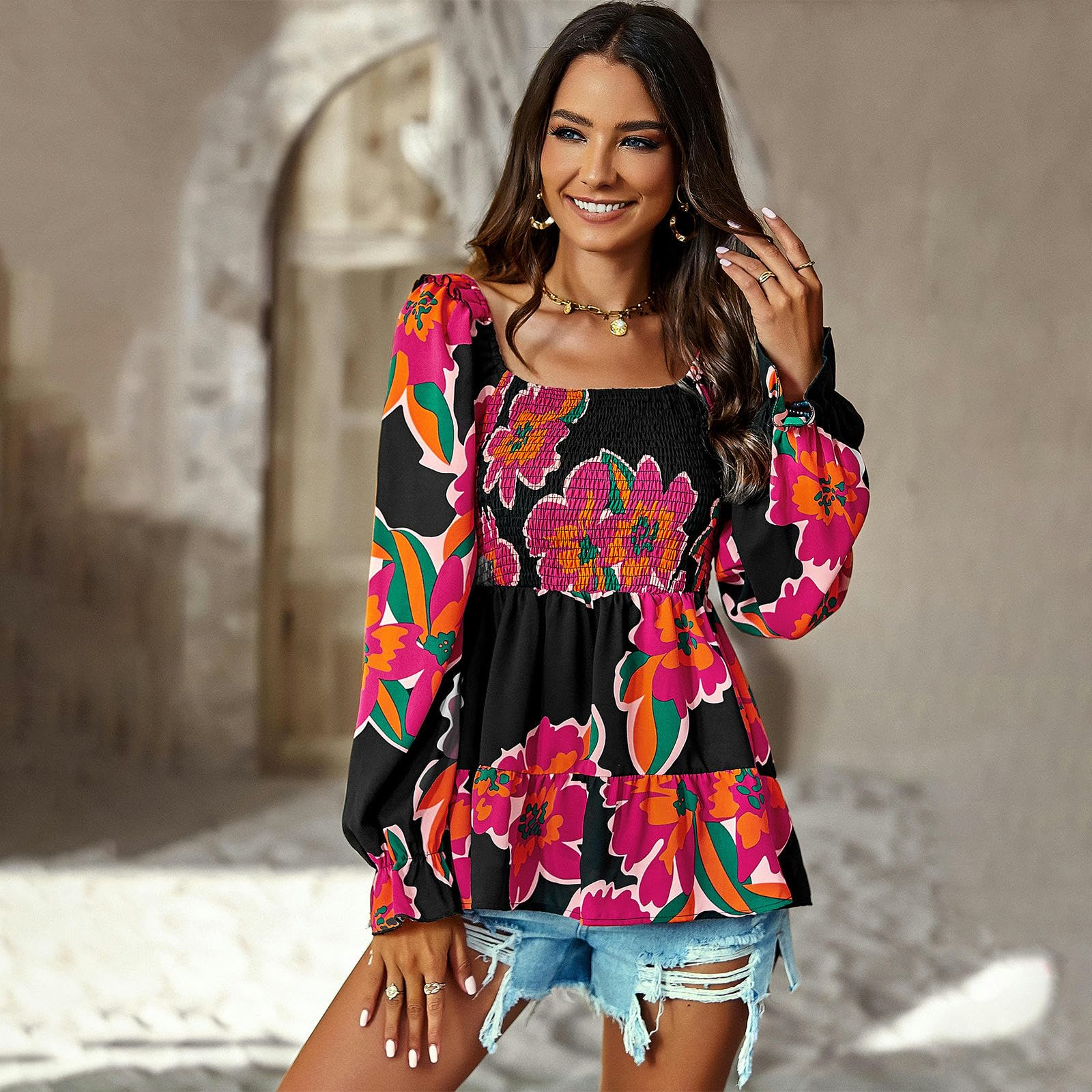 Camisa de Manga Larga con Cuello Cuadrado para Mujer, Estilo Casual, con Estampado de Temperamento de Primavera y Verano, Color Rojo Rosa, Talla S