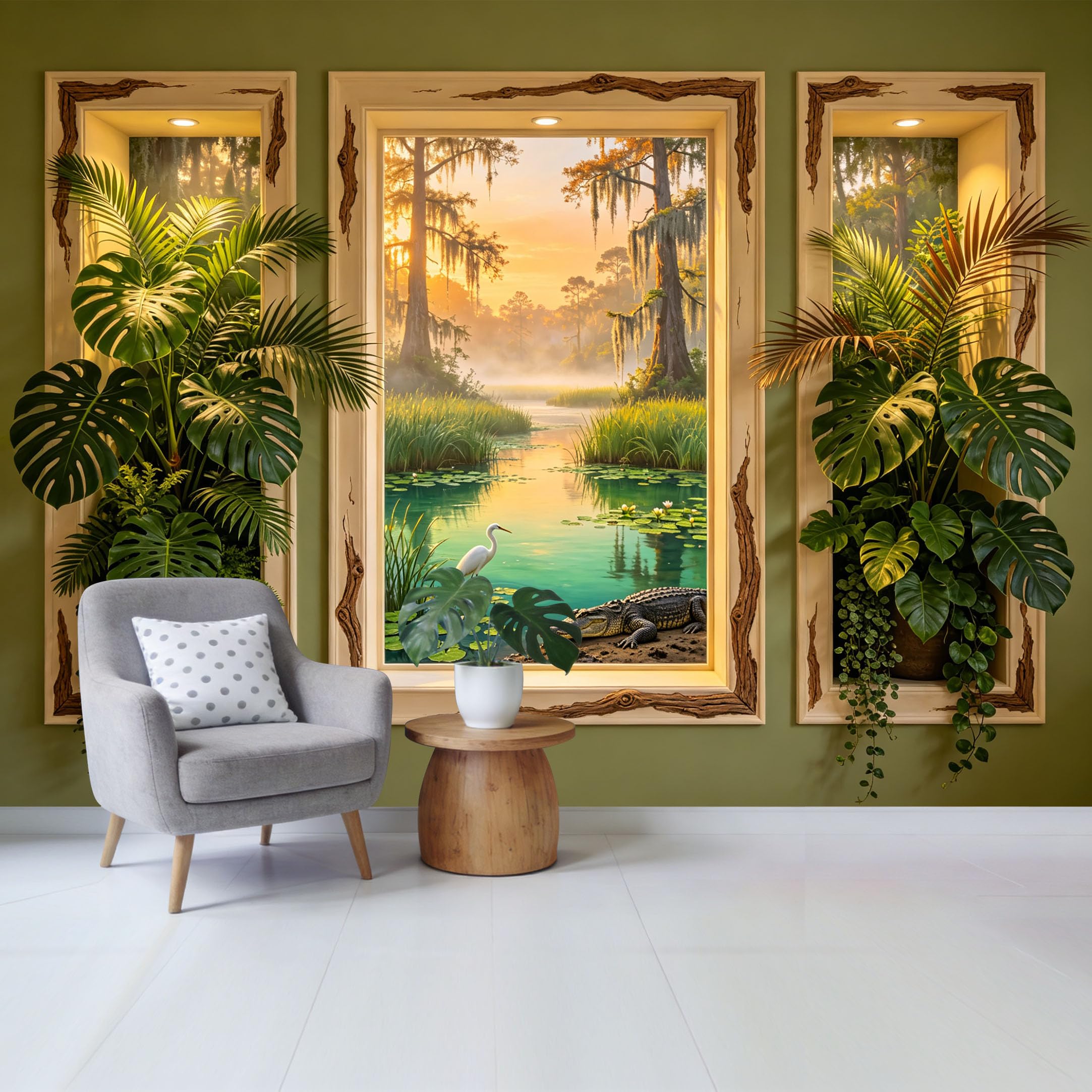 Removable Self Adhesive Fabric Mural， 3D Trompe L'Oeil Tropical Forest Swamp Custom Size Wall Covering， UV Protected Waterproof Washable Wall Decor for Living Room Bedroom Bathroom