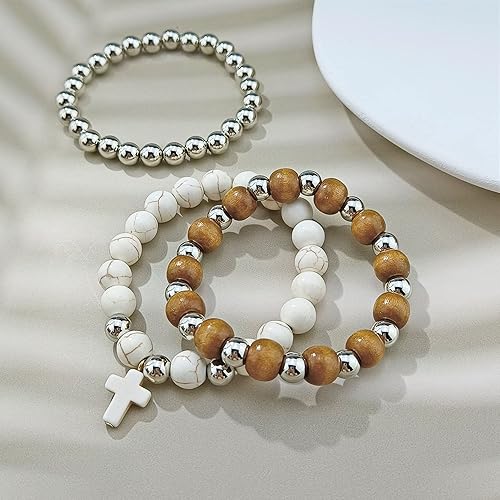 Miniatura 7 de Firstmeet Kit de fabricación de joyas con cuentas redondas turquesa y colgante de cruz, espaciador chapado en rodio y dijes de cruz para collares,