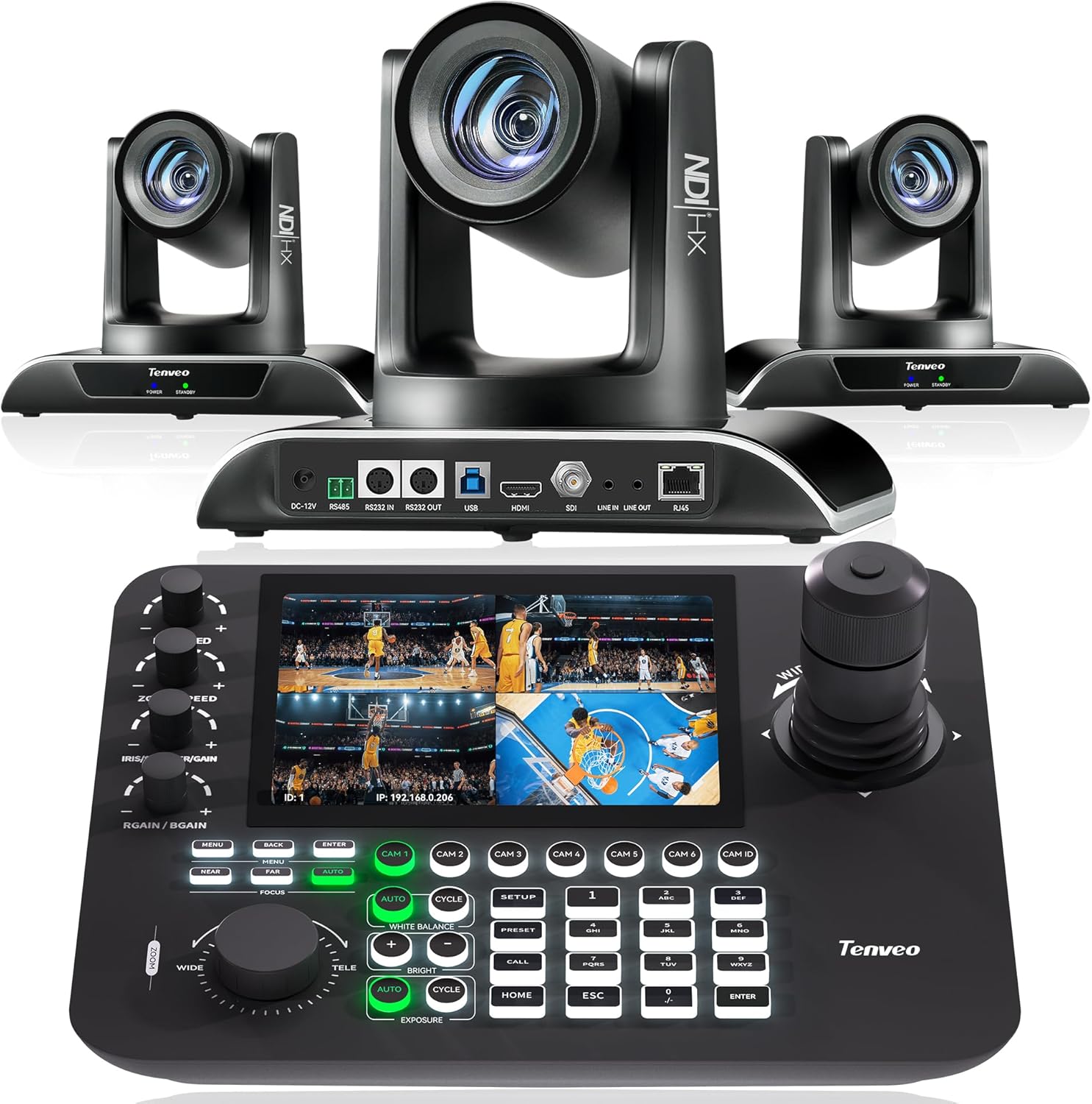 Tenveo NDI PTZ Camera AI Auto Tracking SDI/HDMI/USB3.0/LAN(PoE) 30X Optical+ 8X Digital Zoom(*3) and 7'' LCD Quad-Screen NDI PTZ Joystick Controller Bundle for Church Service Worship Live Broadcasts