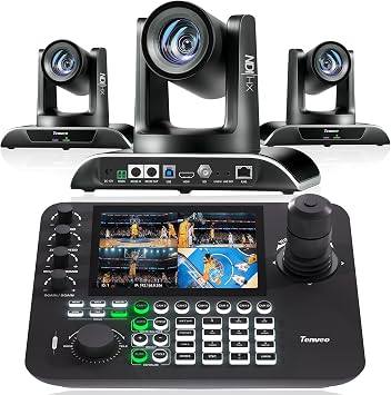 Tenveo PTZ Camera Bundle/Kits - 30X AI Auto Tracking NDI SDI/HDMI/USB3.0/LANPoE PTZ Camera3pcs and 7 LCD Quad-Screen NDI PTZ Joystick Controller Kit for Church Worship Services Live Streaming