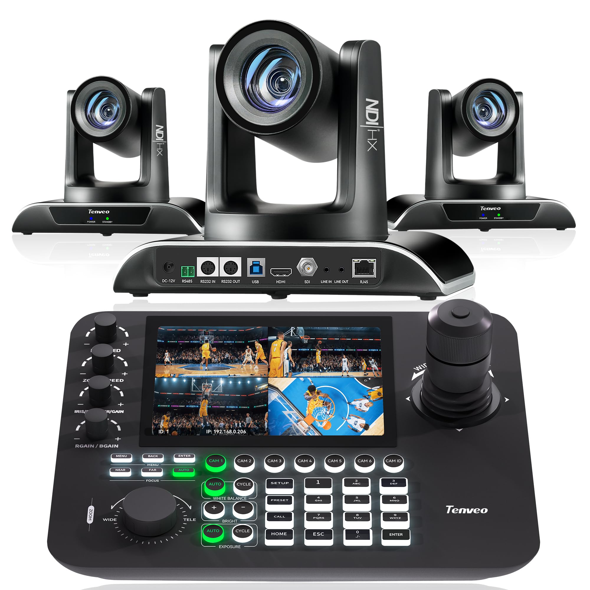 Tenveo PTZ Camera Bundle/Kits - 20X AI Auto Tracking NDI SDI/HDMI/USB3.0/LAN(PoE) PTZ Camera(3pcs) and 7’’ LCD Quad-Screen NDI PTZ Joystick Controller Kit for Church Worship Services Live Streaming