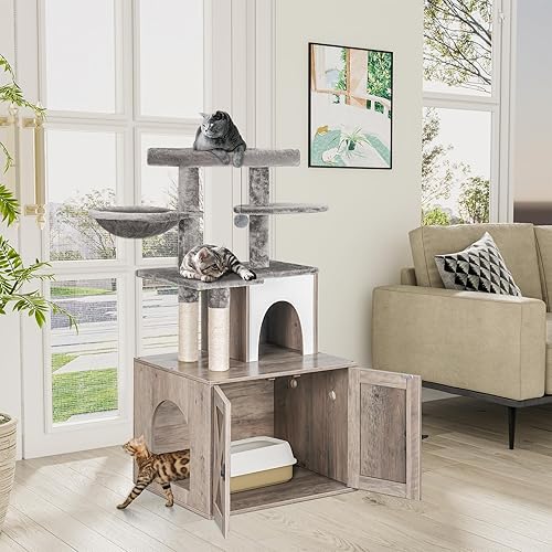 Miniatura 2 de Snughome Caja de arena para gatos con torre de árbol para gatos y condominio, muebles ocultos para baño para gatos con poste rascador de sisal y