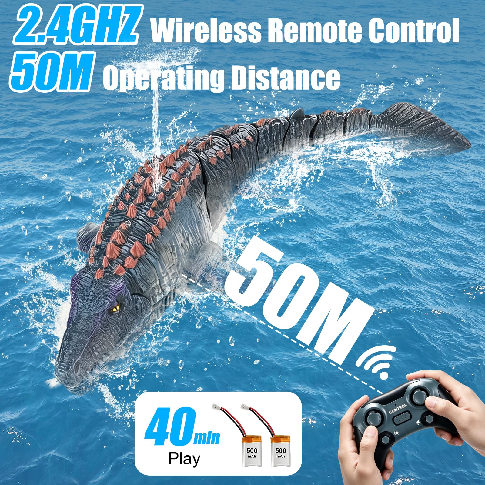 Teledirigido Mosasaurus RC Barco, 2,4 GHz Control Remote Tiburones | Barco para Piscinas y Lagos, Juguetes Eléctricos de Dinosaurios, Rociar Agua, 2 Baterías, Regalo para Niños y Niñas (Gris)