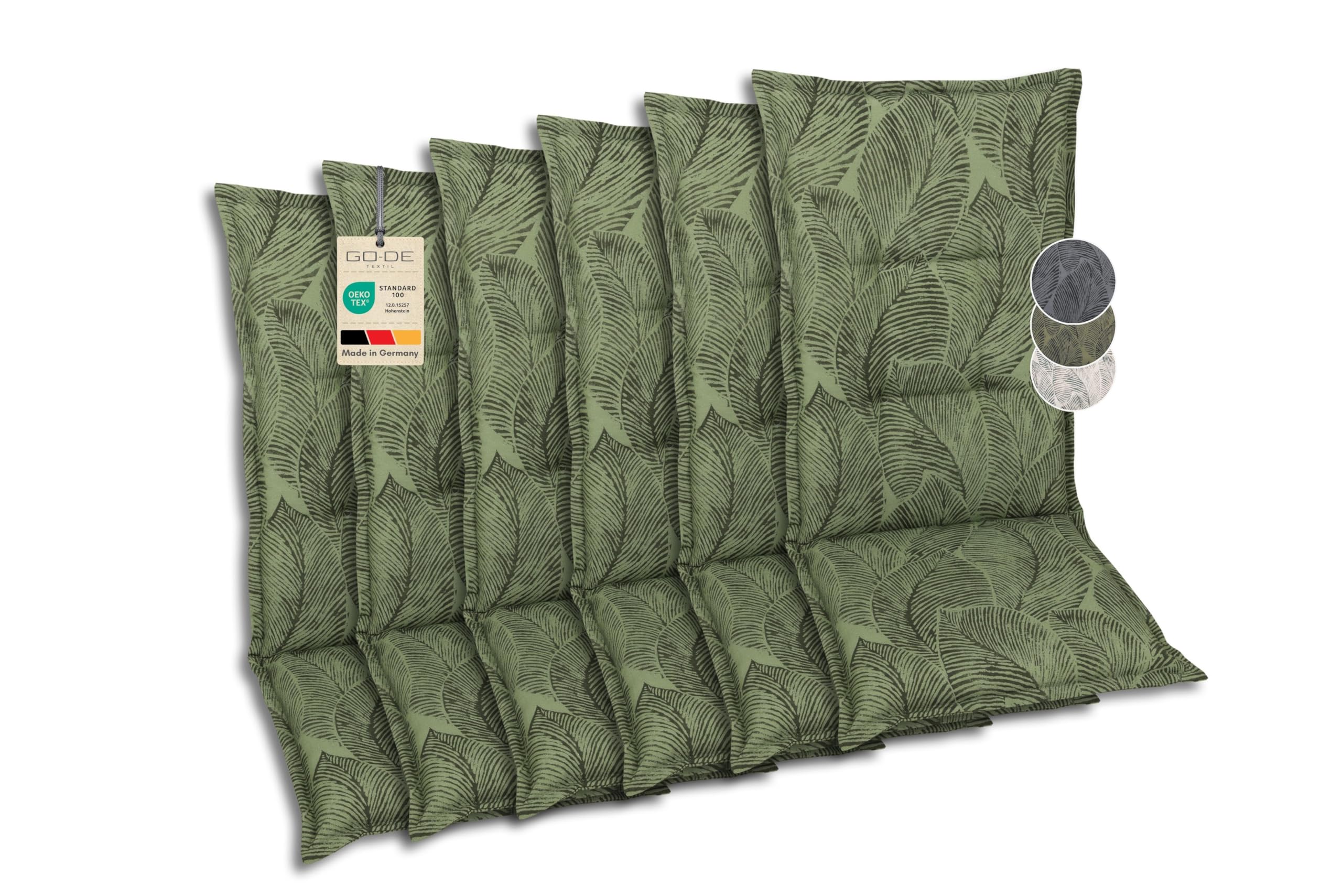 Bequeme und attraktive Polsterauflagen für Hochlehner-Gartenstühle (6er-Set, Blattmotiv groß grün, Hochlehner)