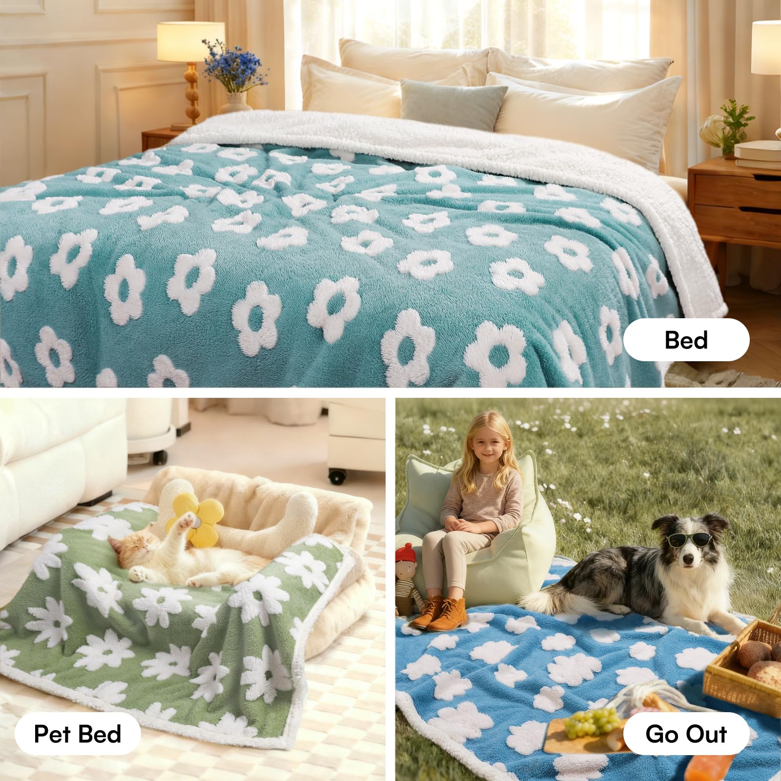 Manta Impermeable para Perros y Gatos, Manta de Forro Polar Grueso y Esponjoso para Mascotas, Mantas Suaves de Sherpa con Estampado de Flores para Perros medianos y Grandes (Azul, 67 x 57 Pulgadas)