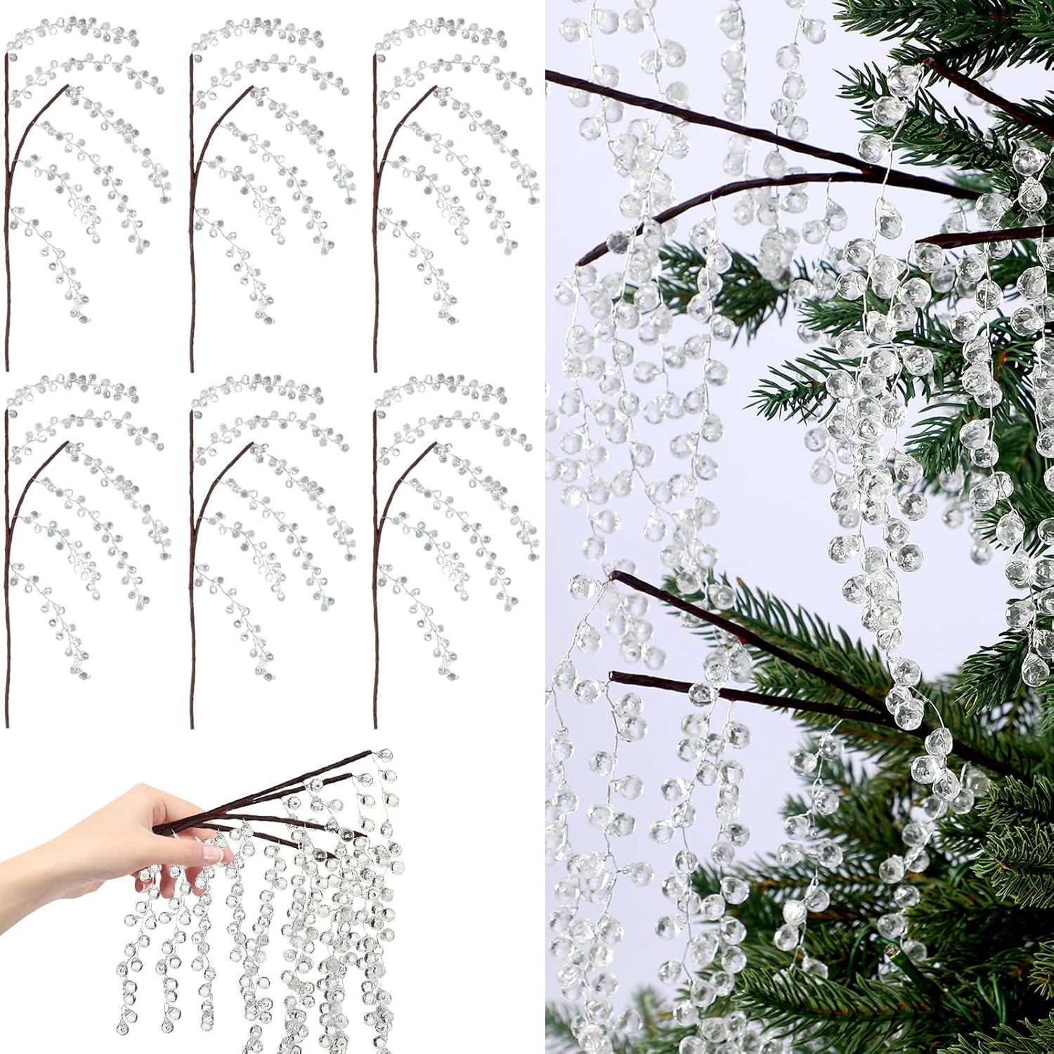 6 Pcs 18 Inch Christmas Crystal Tree Picks Garland Strands Ice Wire Clear Beaded Garland for Christmas Tree Crystal Hanging Ornament Garlands for Xmas Winter Party Supply Home Decor