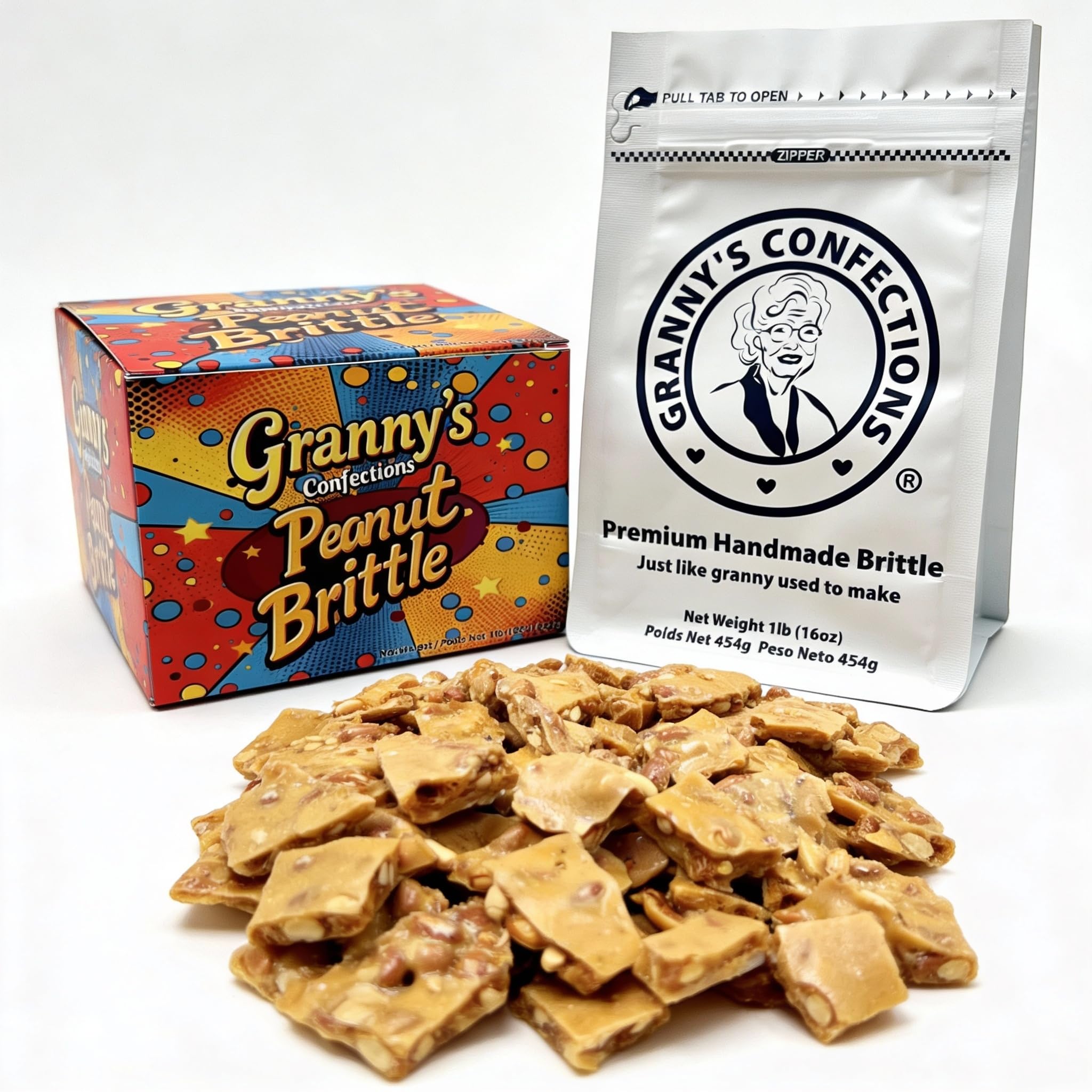 Granny's Confections Old-Fashioned Handmade Peanut Brittle Candy. Made with Virginia Peanuts. Traditional family recipe. No artificial flavors or colors. Gluten Free. 1 Pound (454g) Bag. Gift Mother's Day, Father's Day, Christmas, Birthday. Made in USA, Michigan