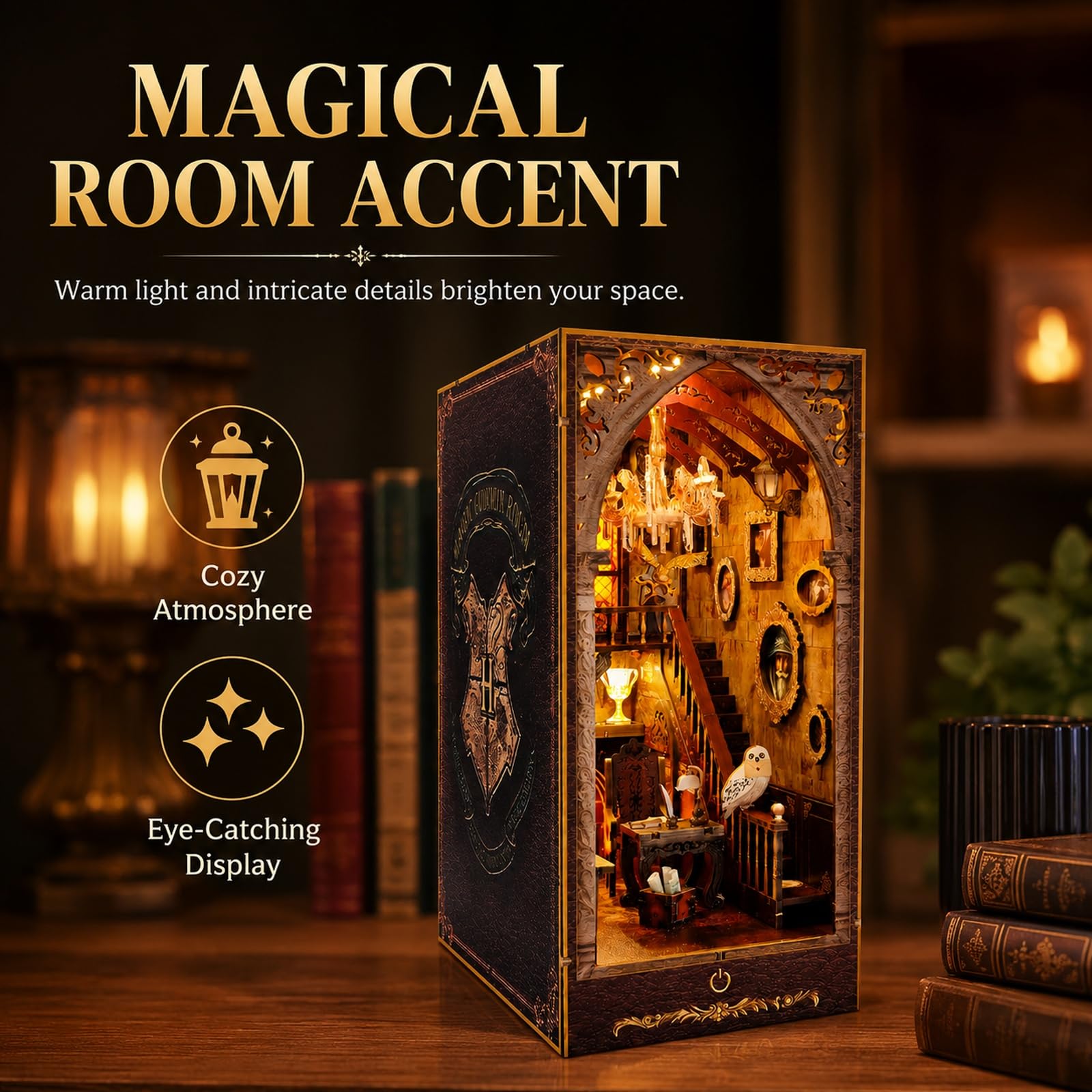 GOOGO Kit Book Nook, casa in miniatura DIY Book Nook con luce LED, puzzle 3D in legno, fermalibri decorativo per libreria, regalo creativo per adulti e ragazzi dai 14 anni in su (Scuola di magia)