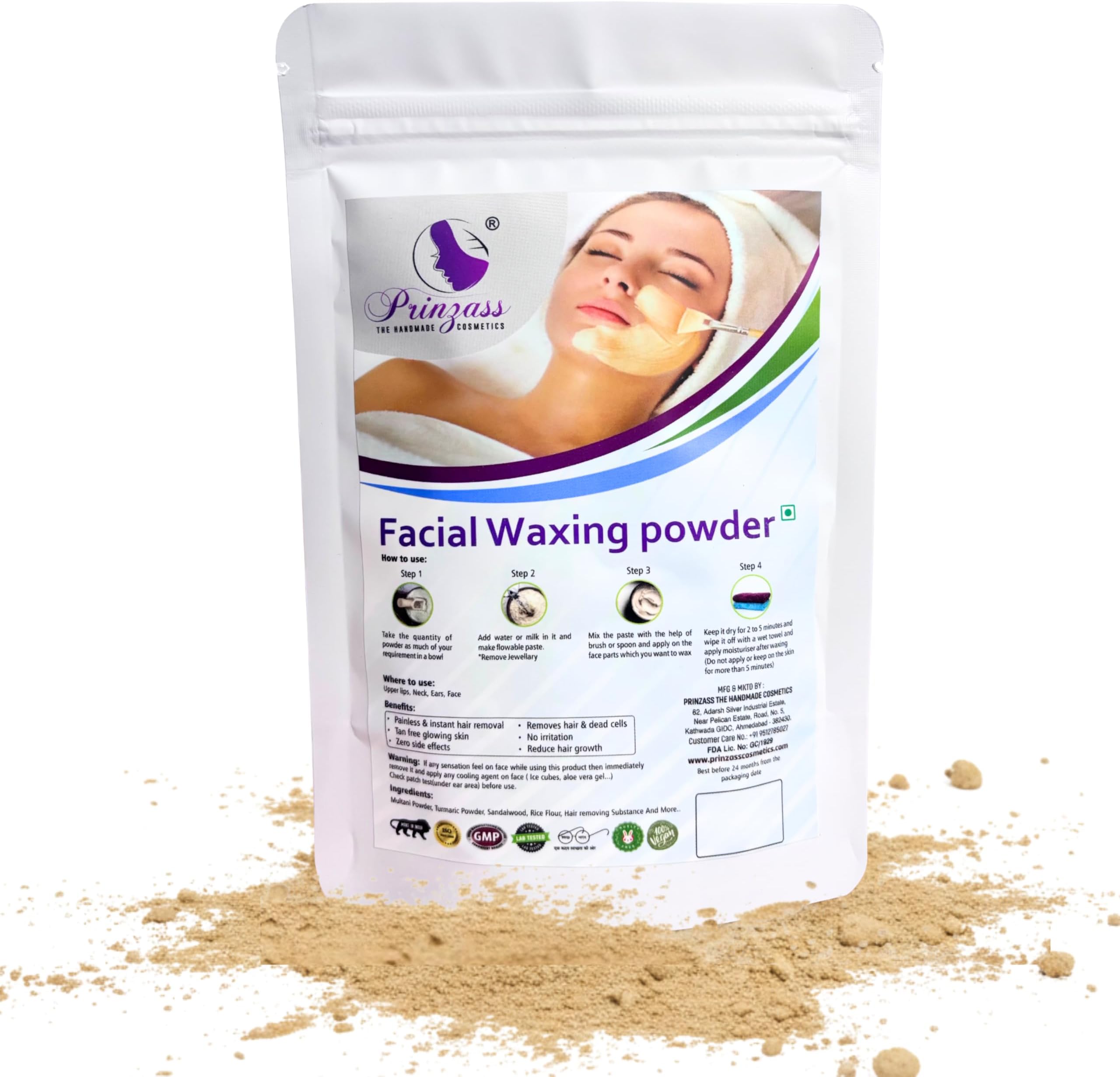 Prinzass Facial Hair Remover Wax Powder with Sandalwood, Vitamin C & Aloevera| Facial Hair Removal Powder for Women - 100 gm