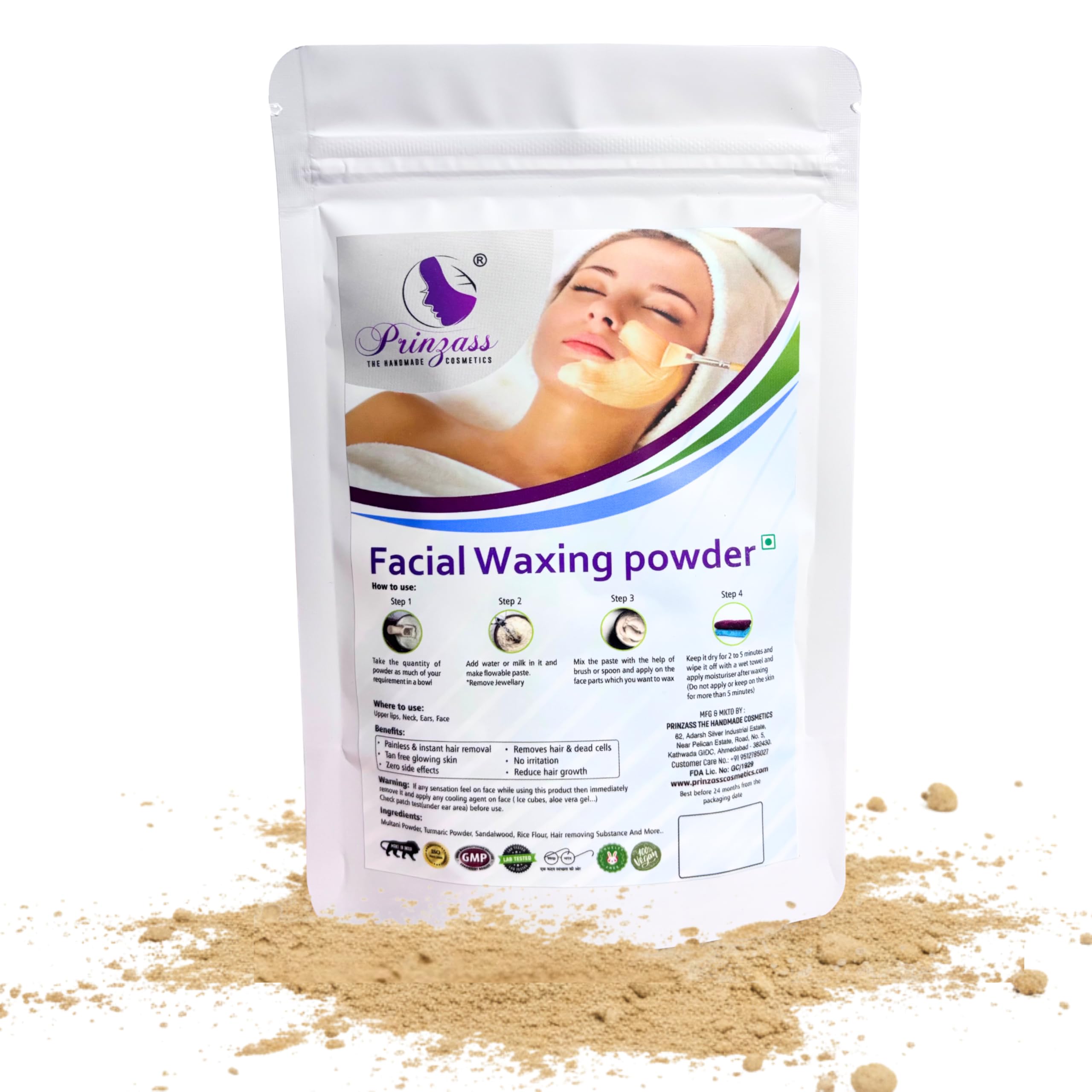 Prinzass Facial Hair Remover Wax Powder with Sandalwood, Vitamin C & Aloevera| Facial Hair Removal Powder for Women - 100 gm