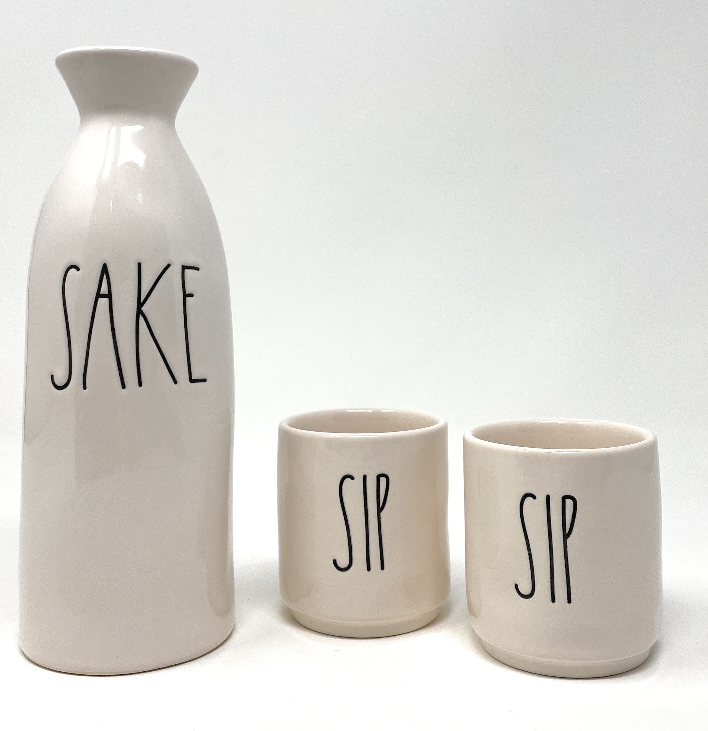 Rae Dunn SAKE Pitcher SIP Cups Glossy White Ceramic Set