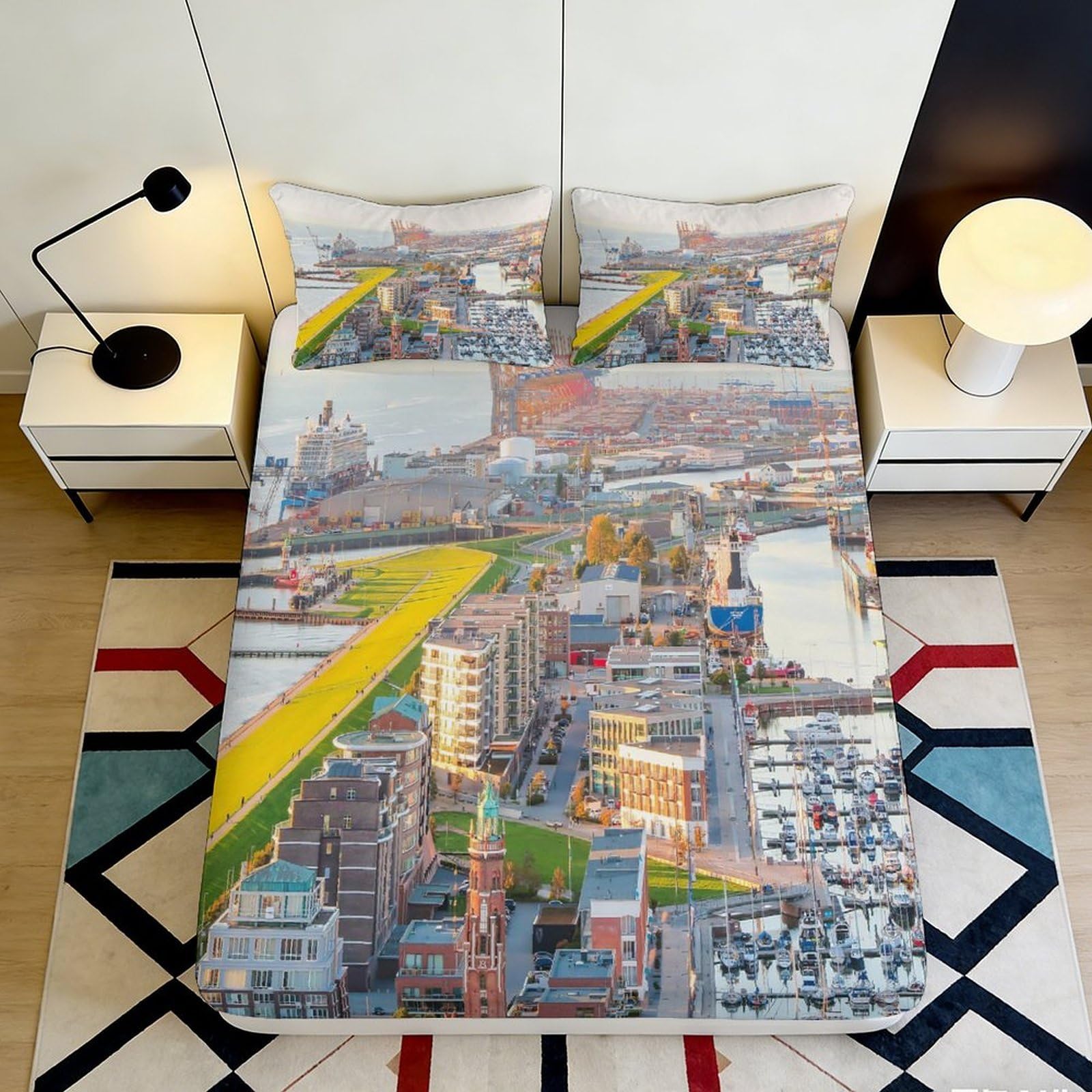 3D Printed Cityscape View Fitted Sheet Microfiber Soft Urban Harbor Mattress Cover for Bedroom Guestroom Decor 90x200x25cm