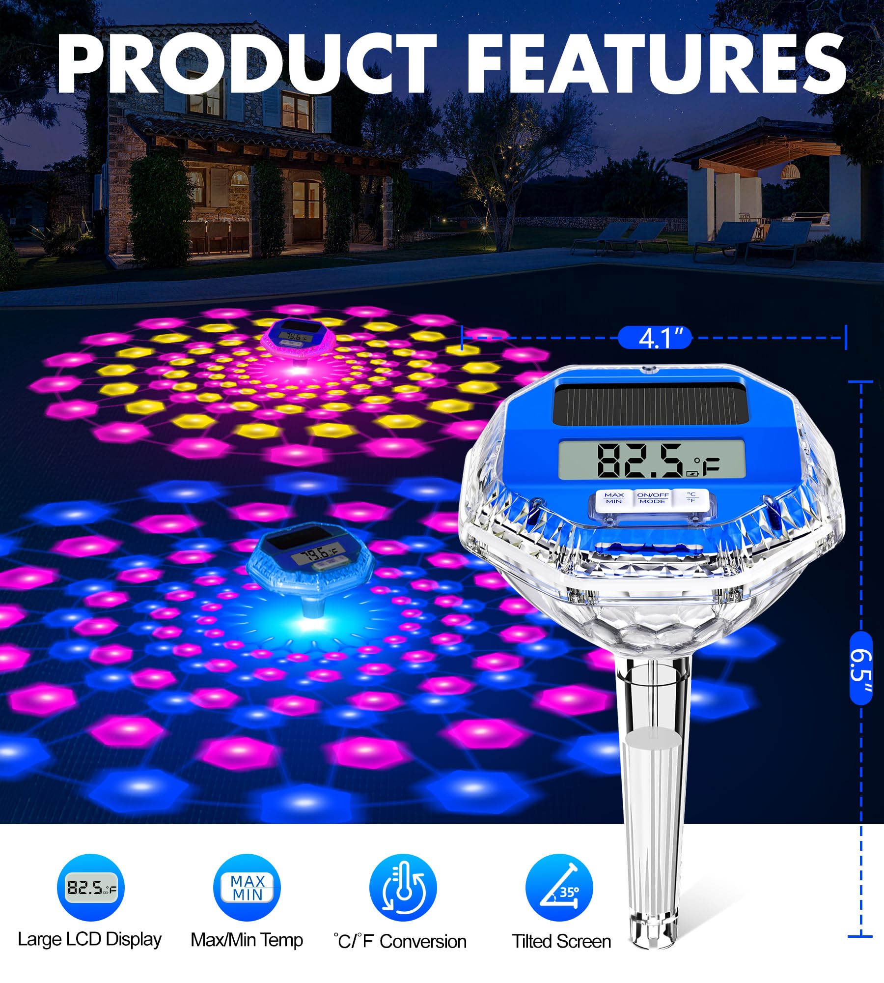 Sinbyuer Thermomètre de piscine solaire numérique facile à lire | Thermomètre flottant avec lumière dynamique | Grand écran LCD et jauge de température de piscine à grands chiffres pour jacuzzi et spa