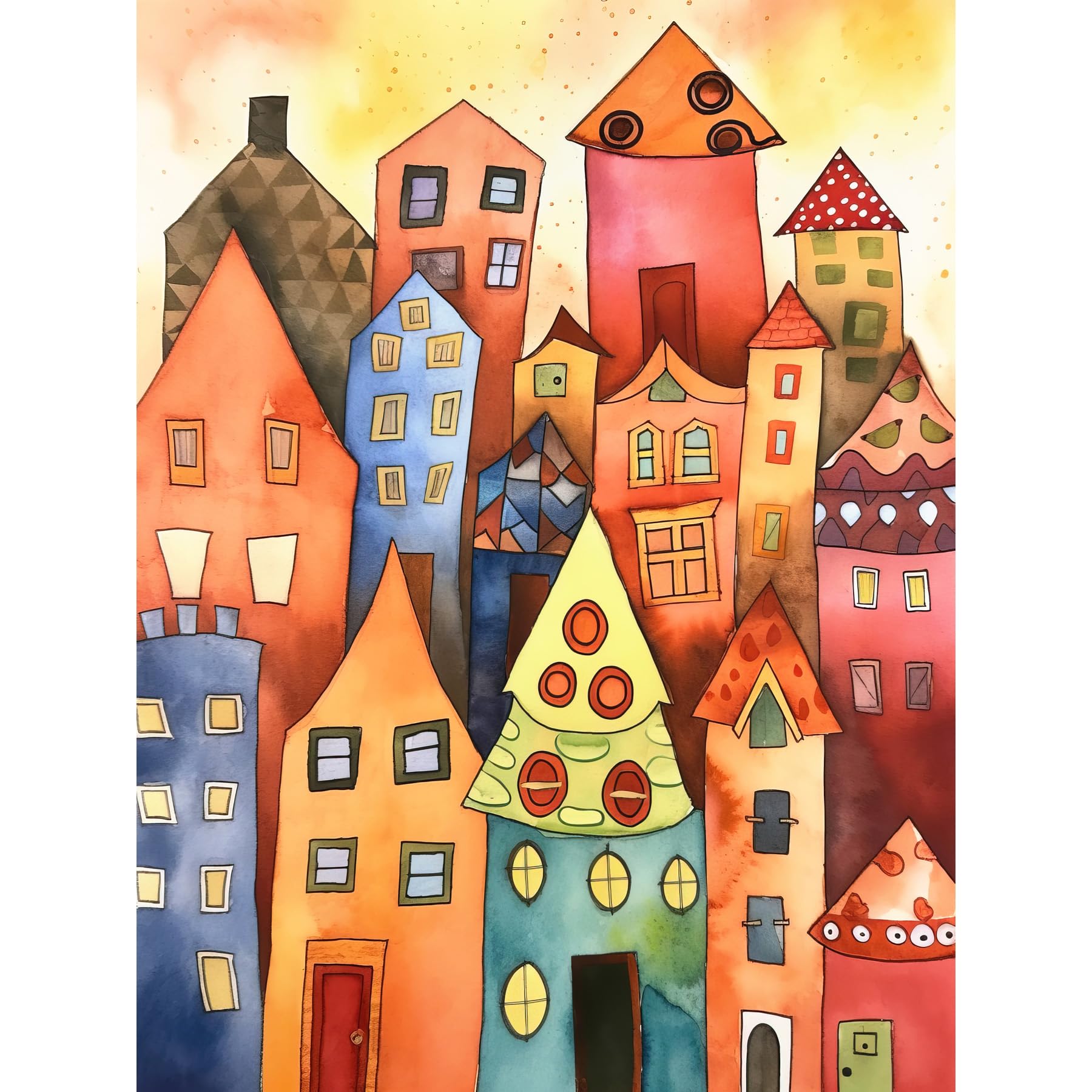 Artery8 Colourful Townscape Folk Art Watercolour Painting Extra Large XL Wall Art Poster Print