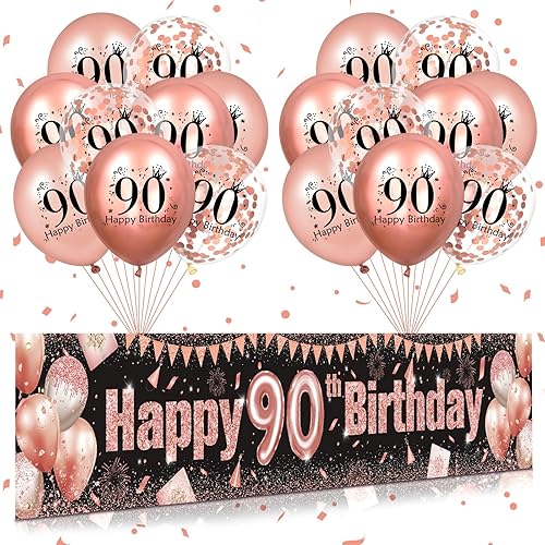 Decoraciones de 90 cumpleaños para mujer, pancarta de cumpleaños de 90 años color oro rosa y negro y 18 globos de cumpleaños de 90 años para fiesta