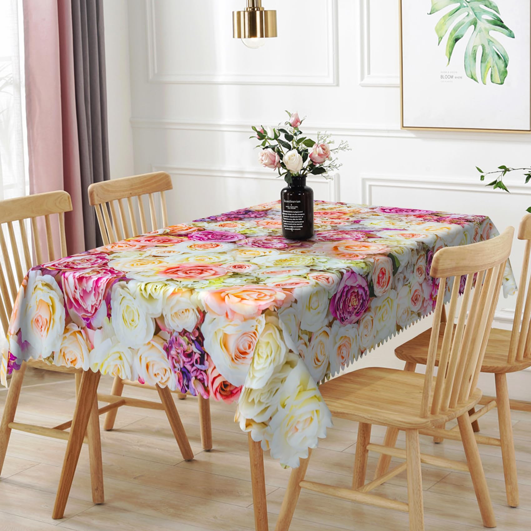 TTQYFNM 70x90inches Rose Floral Rectangle Tablecloth White Pink Rose Flowers Blossom Romantic Print Table Cloth Polyester Reusable Table Cover for