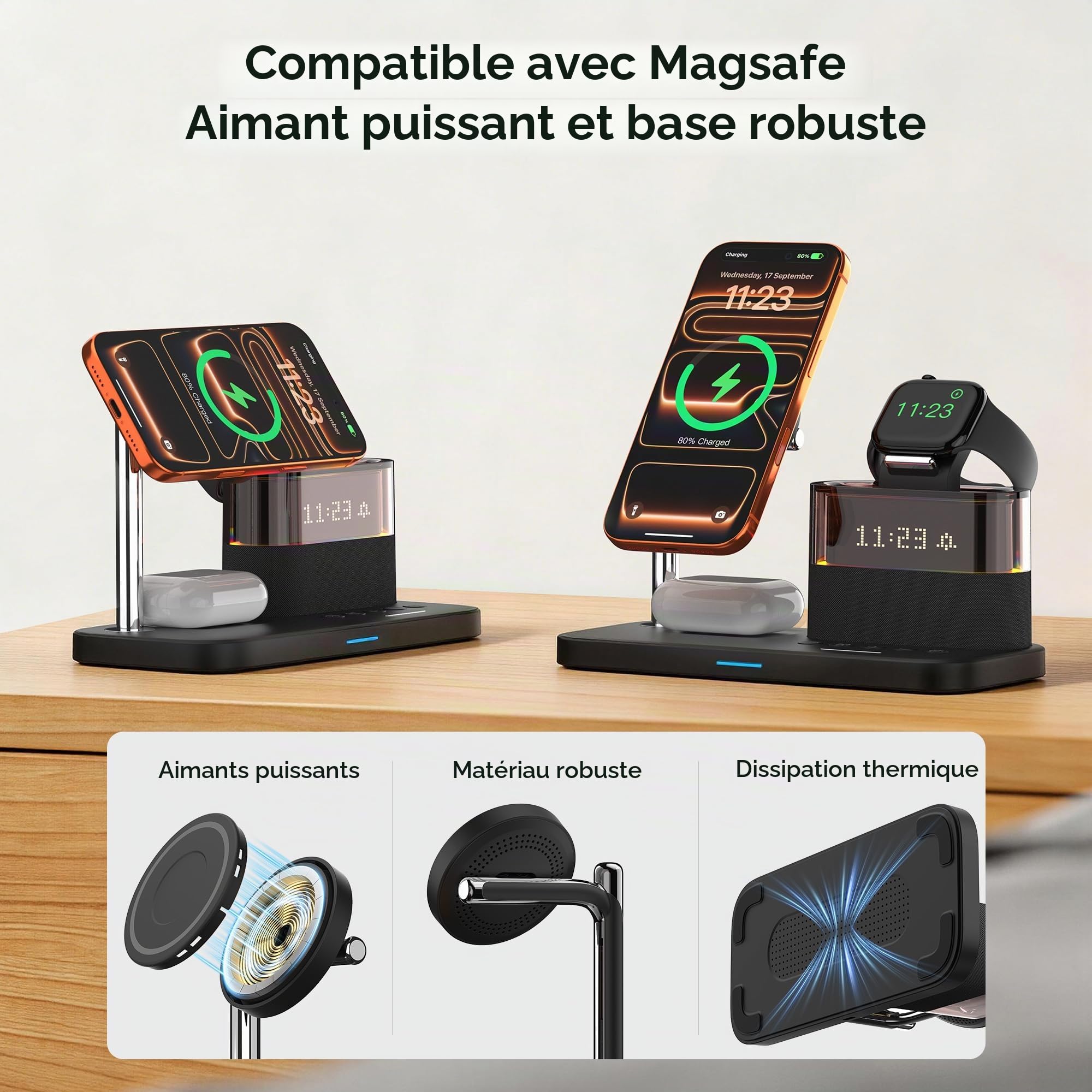 Chargeur Induction 3 en 1 Qi2 Magnétique 15W pour iPhone 17/16/15 Pro Max, AirPods 4/3/2/Pro et Apple Watch S10/9/8, Station de Charge Rapide sans Fil avec Réveil et Lumière RGB