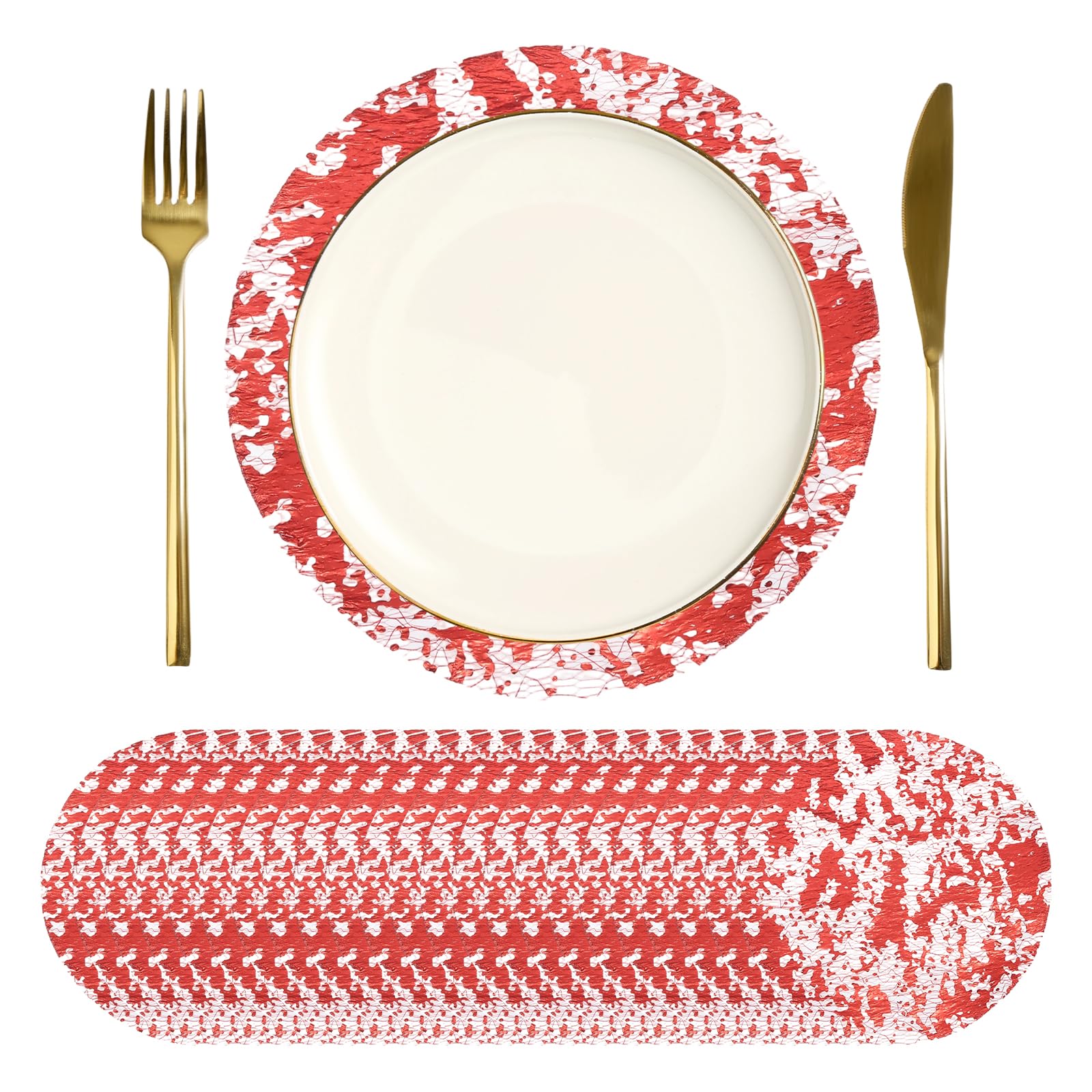 sourcing map 24Pcs Disposable Round Placemats, 17cm Chargers Place Mats Metallic Thin Mesh Table Mates Pressed Foil Table Doilies for Dining Table Wedding Birthday Party Home Decor, Red