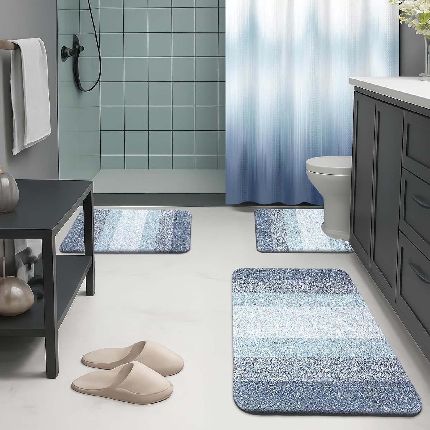 Britimes Blue Stripes Bathroom Sets with Shower Curtain and Rugs, Ombre Modern Abstract Waterproof Shower Curtain Liner and Soft Non Slip Bath Mat for Bathroom Decor and Accessories Hooks
