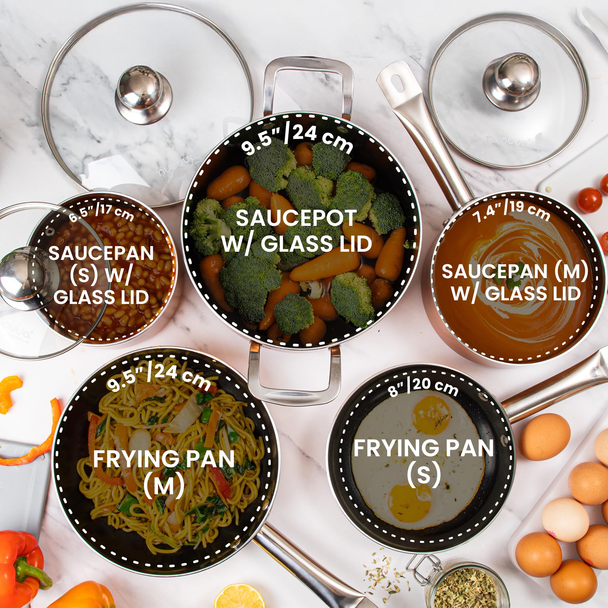 Juego de ollas y sartenes antiadherentes – Juego de ollas de inducción – 8 utensilios de cocina con tapas – Ollas de cobre y sartenes – por Nuovva