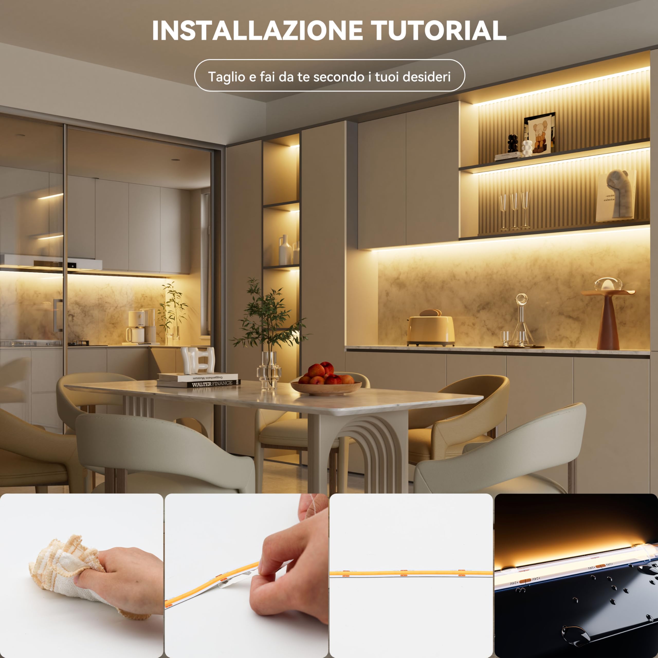 PAUTIX Striscia COB bianco caldo 2700 K impermeabile IP65, 10 m Pro+ 504 luce/m DC24 V CRI93 + nastro LED per casa cucina fai da te con connettore COB da 8 mm (alimentatore non incluso)