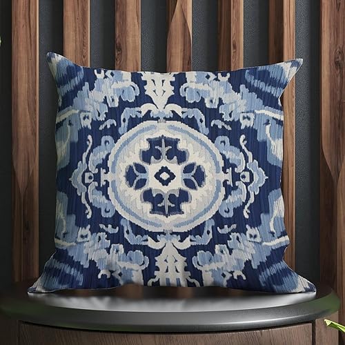 Fundas de cojín Ikat con medallón azul y gris, color blanco y azul marino, fundas de almohada abstractas, decorativas de granja para sofá, cama,