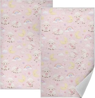Waffle Weave Microfiber Kitchen Towels 18x30 Inch Absorbent Fast Drying Machine Washable Pink Lambs Moon Rainbow Dish Towels, 2 Pack