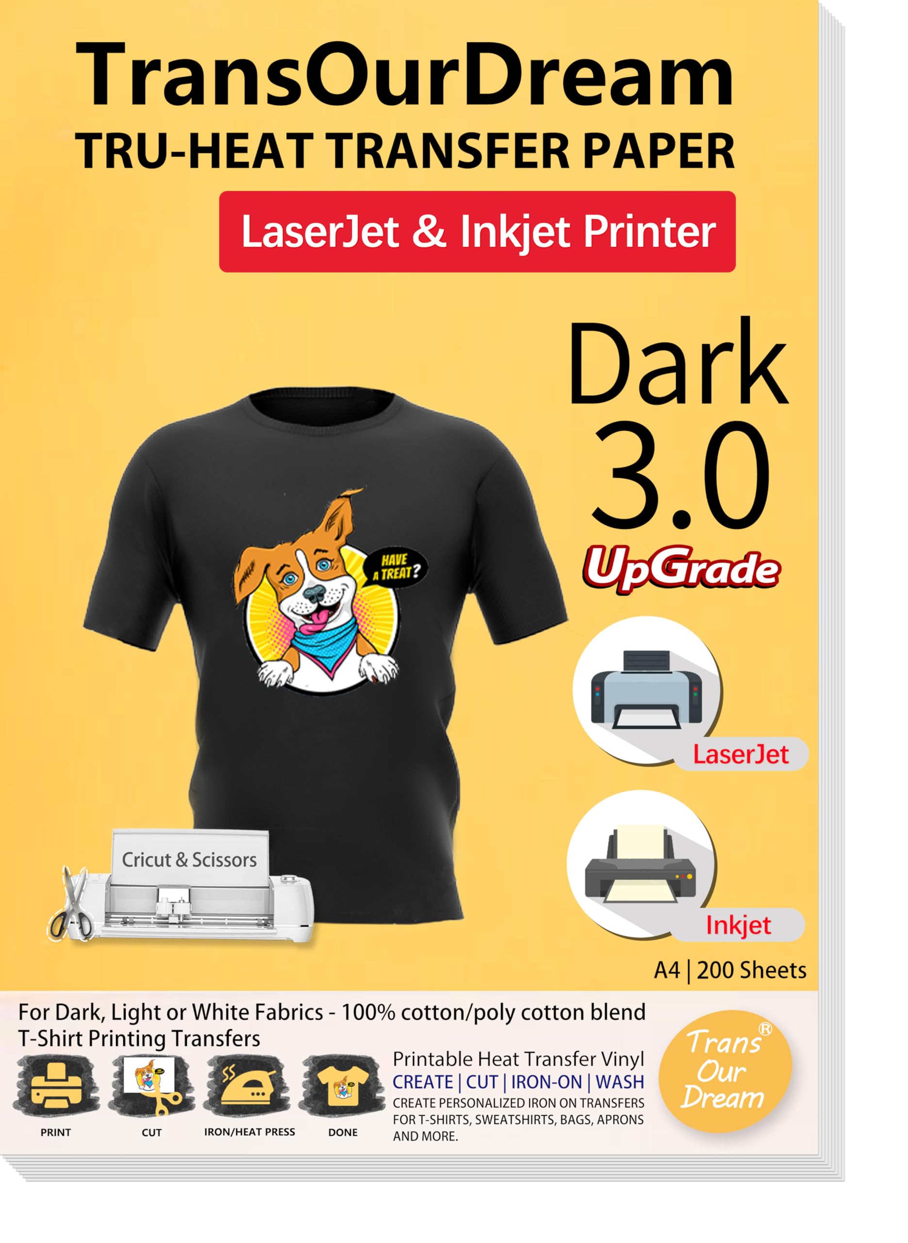 TransOurDream 200 Sheets A4 Upgraded 3.0 for Inkjet&Laser Printer Iron on Heat Transfer Paper for Dark Fabric Transfers for Black T-Shirts Printable Vinyl(Trans-03-200)