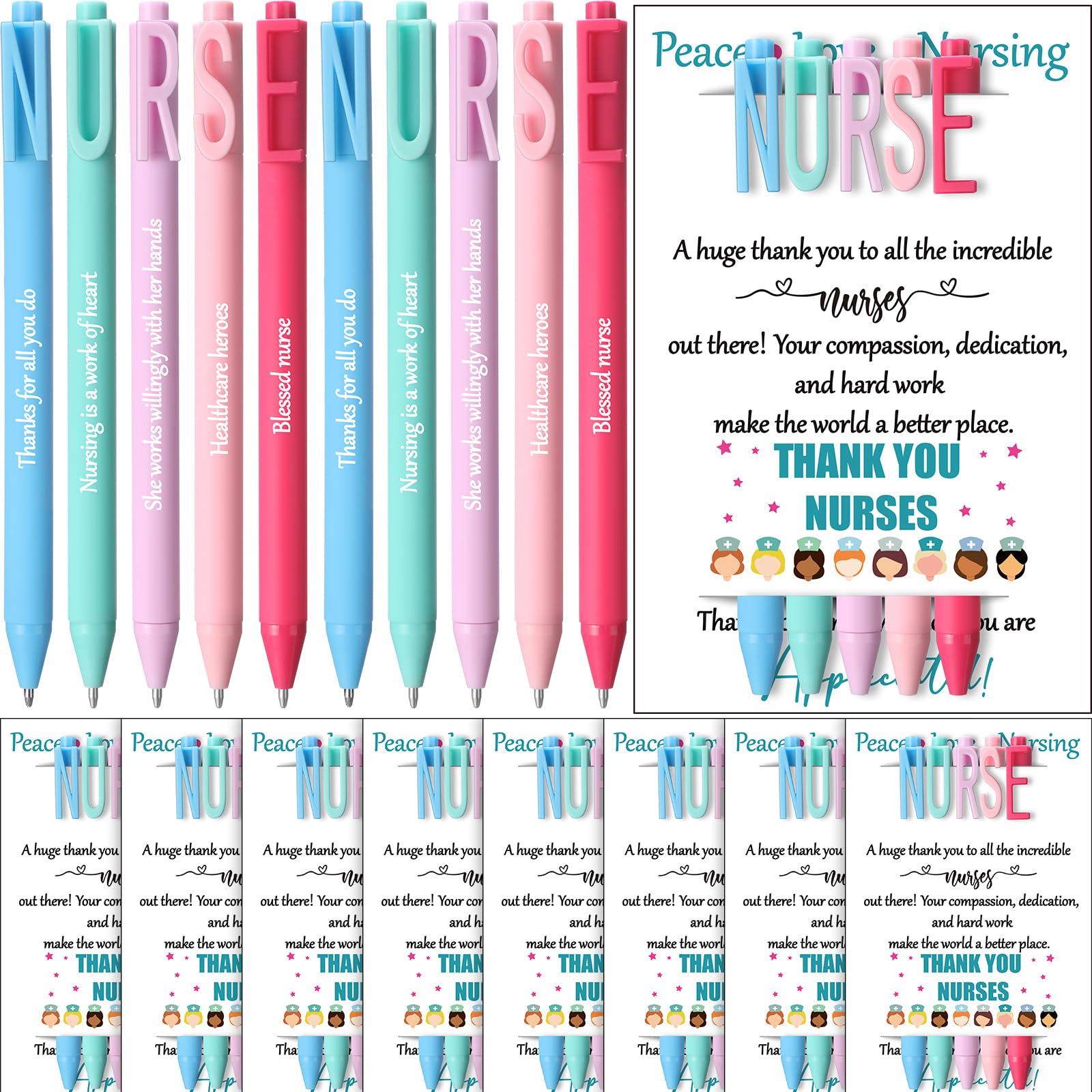 Sayglossy 12 Set /60 Pcs Nurse Pens Bulk Nurse Appreciation Gifts 2026 Cna Week Ballpoint Pens with Greeting Cards Thank You Gift for Doctor Hospital