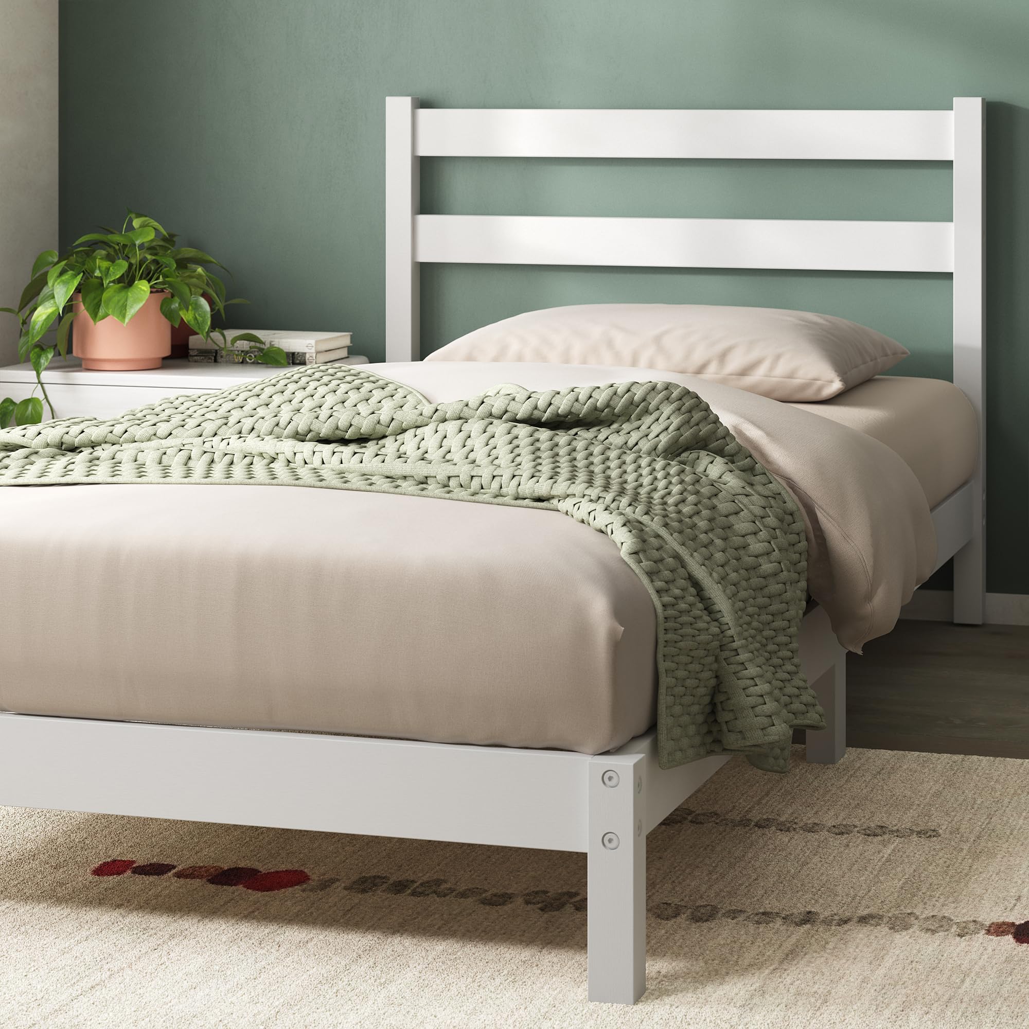 Zinus Robin Struttura Letto Singolo 80x190 cm con Testiera in Bambù - Altezza 20 cm - Rete Singola con Doghe in Legno - Per Adulti, Bambini e Teenager - Facile da Montare - Bianco