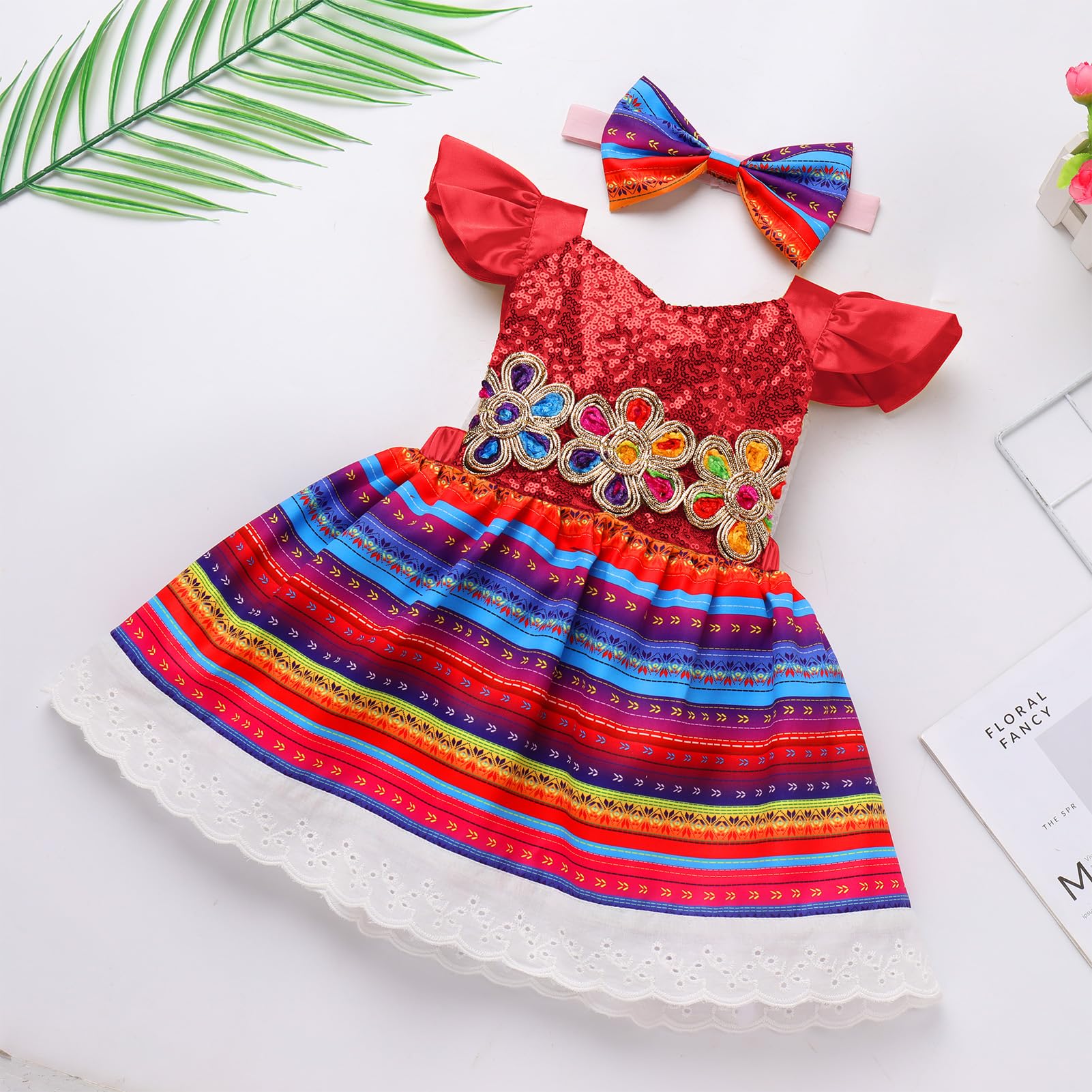 IDOPIP Toddler Baby Girls Mexican Dress Sequin Striped Princess Birthday Party Dresses with Headband 2PCS First Cinco de Mayo Party Ruffle Backless Playwear Sundress Outfit Clothes Red 12-18 Months
