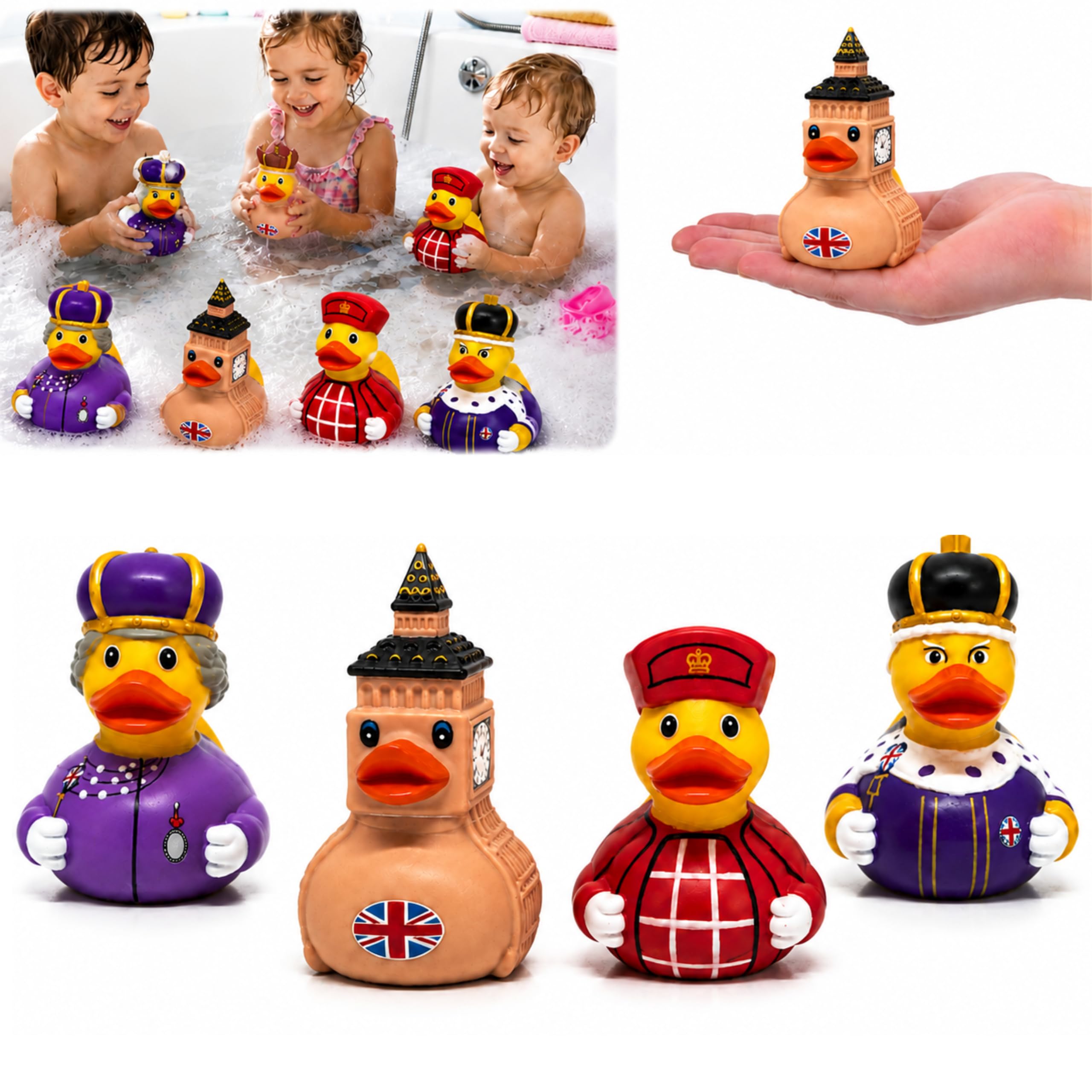 2Pcs British London Baby Bath Ducks 9cm, Random Bath Toys, Royal Character & Landmark Duck Set, Novelty Collectible Keepsake, Party Bag Filler, for Kids