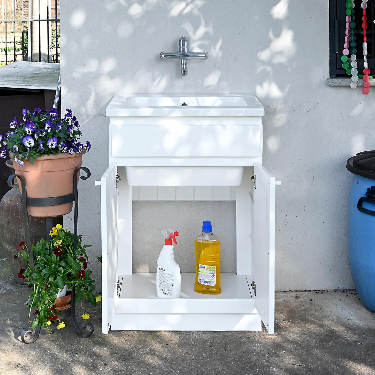 Lavatoio da Esterno con Mobiletto 60x50 YORK PLUS – Vasca in Ceramica Profonda 25 cm + Mobile in Resina – Made in Italy – Ideale per Giardino, Garage, Mare – Jo-Bagno.it