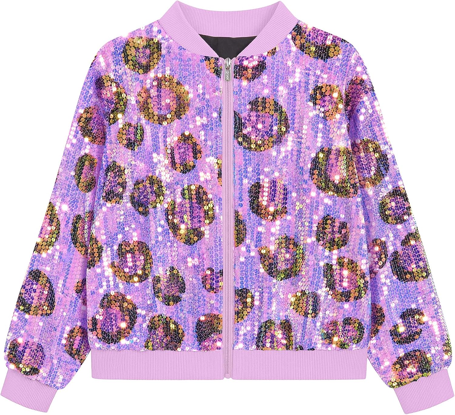 OlyPegic Girls Sequin Jacket Sparkly Glitter Jacket Bomber Kids Outwear with Pockets Zipper Coat Long Sleeve Jackets