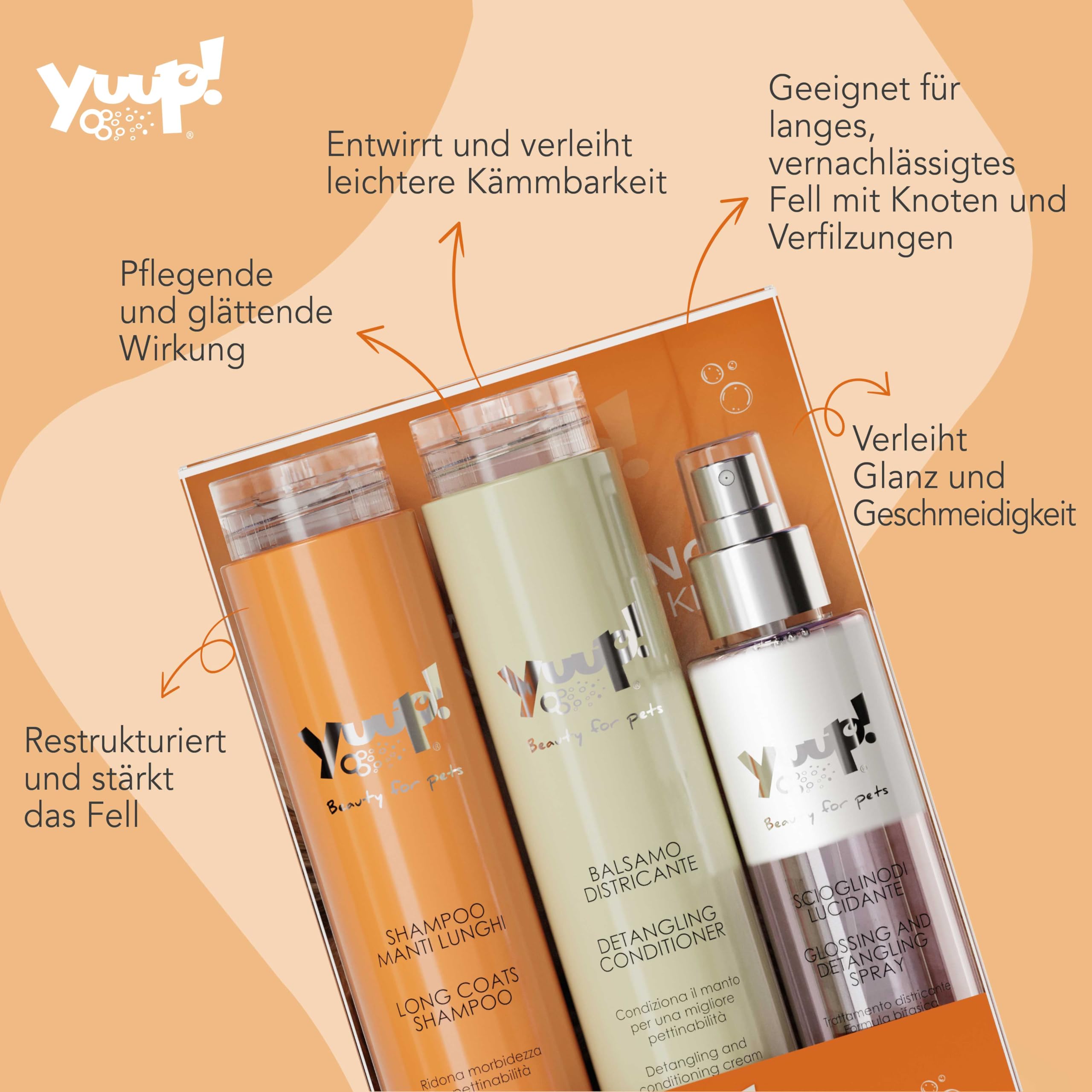 YUUP! - Pflege-Set für langes Fell | Shampoo Langhaar, Entwirr-Balsam & Entwirr-Spray glänzend – Hunde mit langem oder dichtem Fell. Auch für Katzen geeignet
