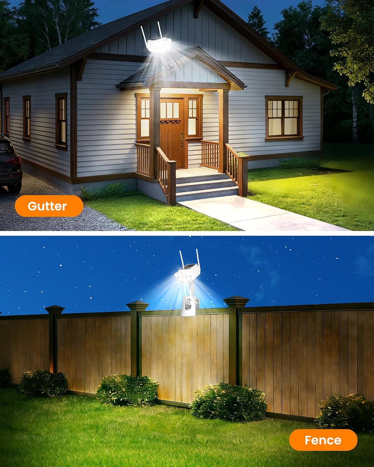 Clip On Solar Fake Security Cameras with Light, Motion Sensor Outdoor Lights, IP66 Waterproof Dummy Surveillance Camera for Gutter Fence Garages Warehouses (Clamp 2)