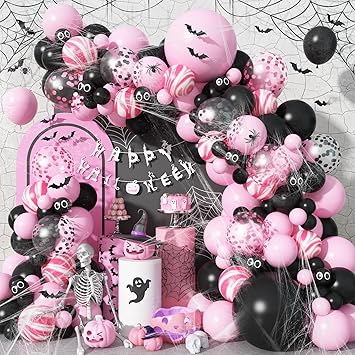 Halloween Balloon Arch Kit 98Pcs Pink and Black Balloon Garland with Ghost Eye Pink Agate Balloons 3D Bat Spider Cobweb for Trick or Treat Day of the Dead Spooky Boo Haunted House Party Decorations