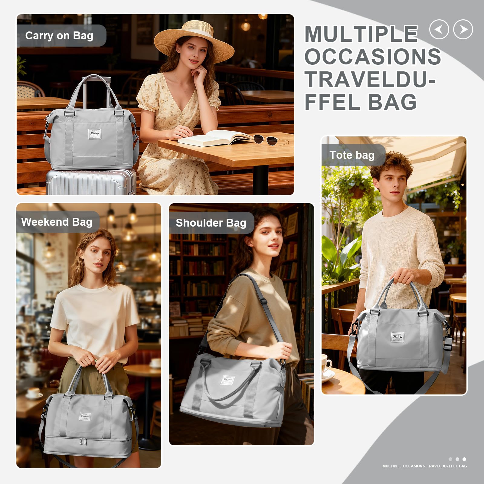 SEAFEW Bolsa de Viaje 40x20x25 para Ryanair,Impermeable Bolsa de Deporte para Gimnasio,Bolsa de Mano Equipaje de Fin de Semana 40x30x20 para Mujer,Bolso de Natación para Playa,D15-Gris Claro — view 6
