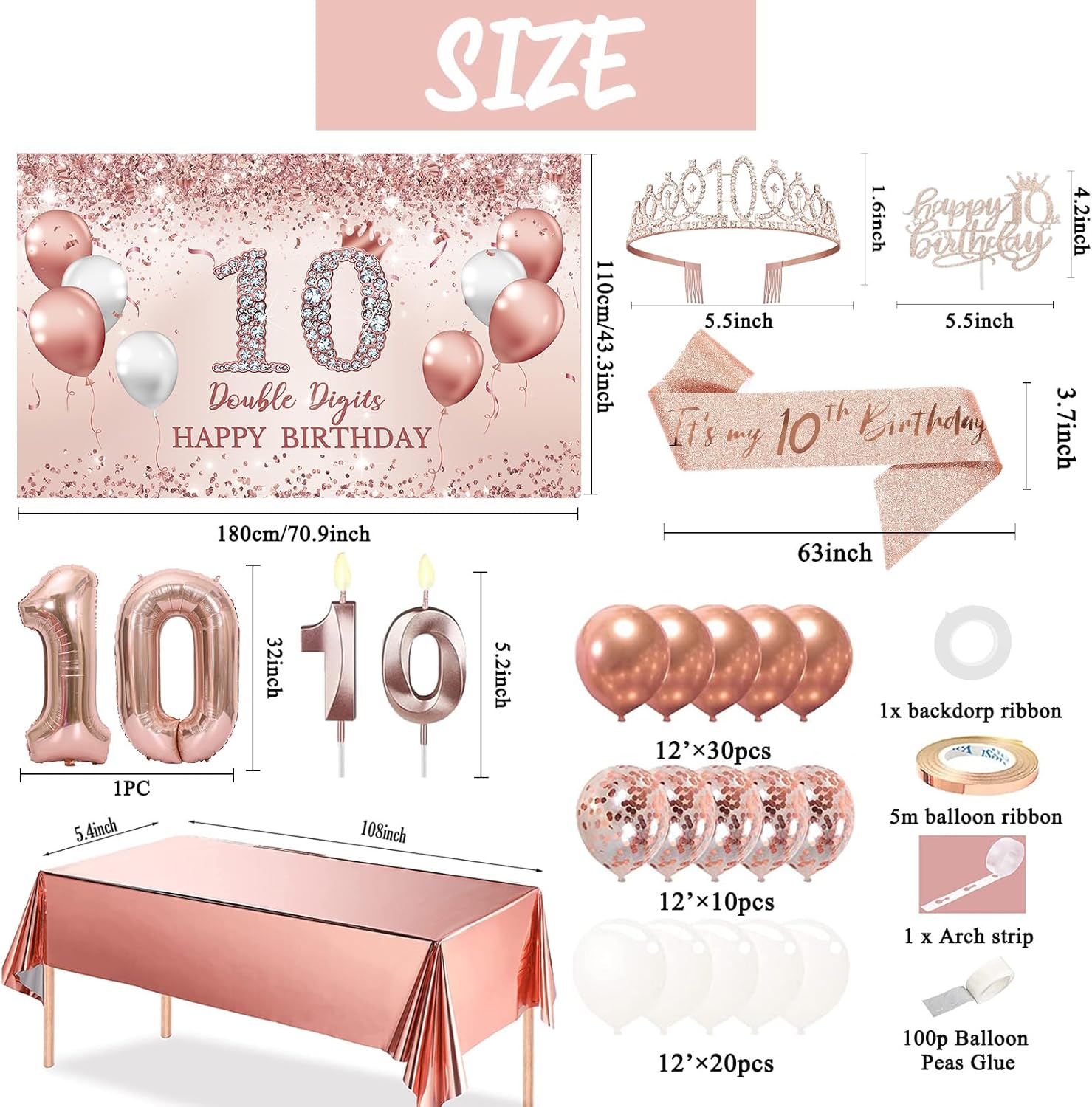 Trgowaul 10th Birthday Decorative Balloon Set Girls Arch, Rose Gold 10th Birthday Banner and Party Tablecloth, Belt and Tiara, Pink Gold 10th Balloon, Pink Birthday Cake Top, Latex Balloon * 60
