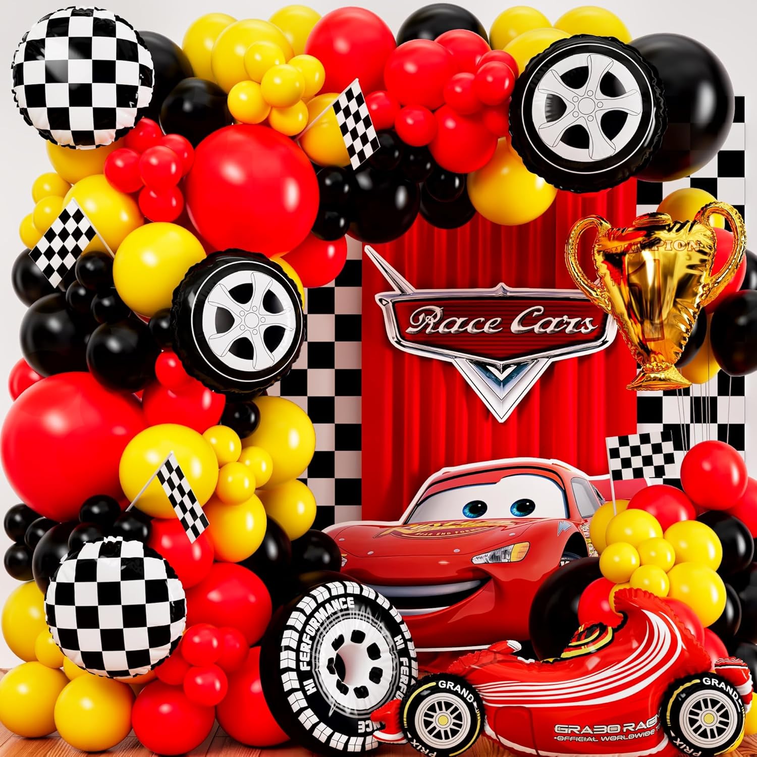 ALL-IN-1 Race Car Balloon Arch Kit & Garland with BONUS Trophy & Number 2 - Race Cars Balloons for Lightning McQueen Race Car Birthday Party Supplies & Boy Cars Theme Birthday Party Decorations