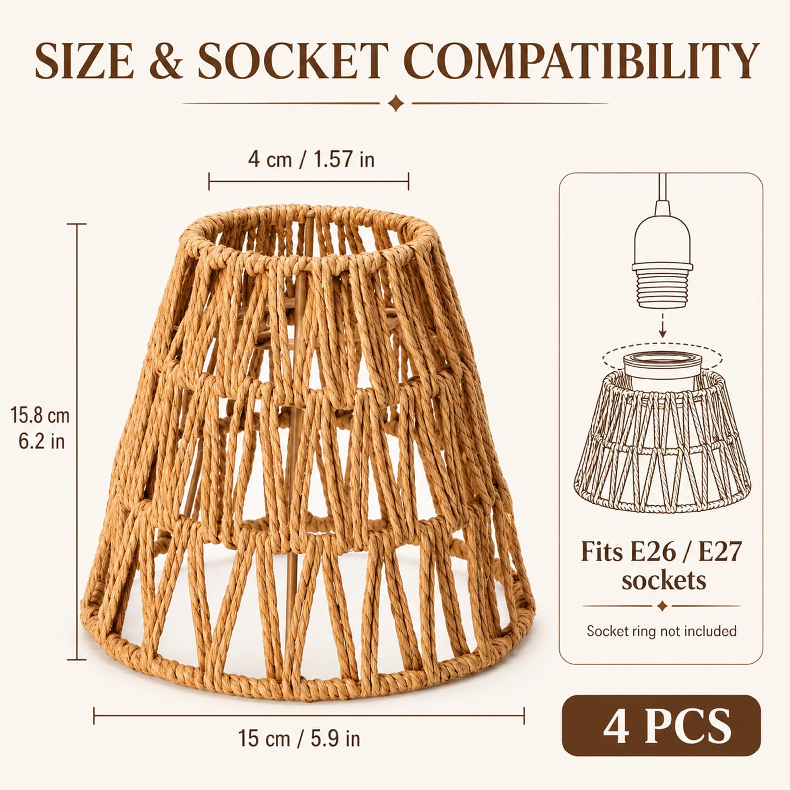 4 paralumi in rattan, in stile bohémien, altezza 14 cm, paralume a sospensione, piccolo E27, in rattan intrecciato per lampada da terra, lampada da tavolo, lampada a sospensione, paralume a