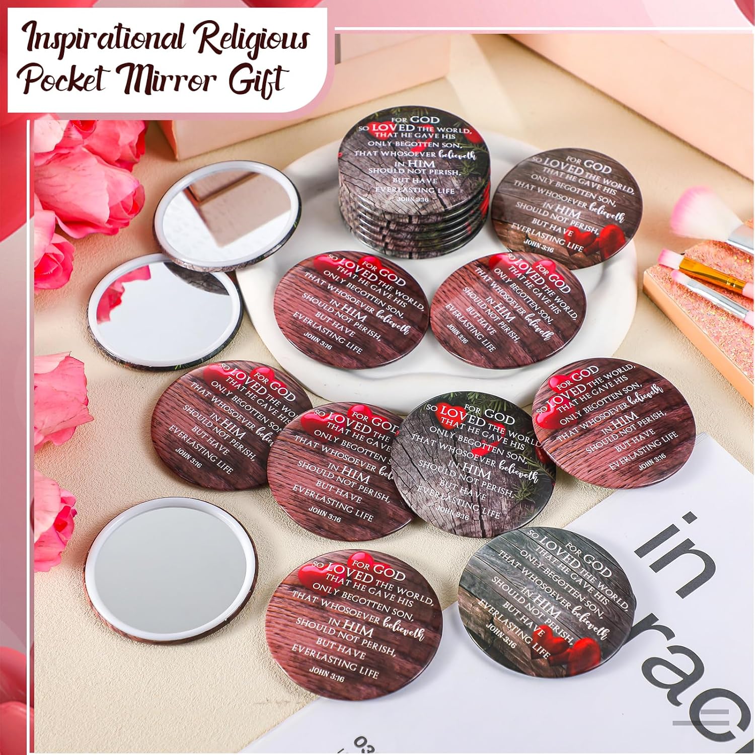 Geetery 30 Pcs Christian Valentines Day Gifts Bulk Compact Mirrors Bible Verse Makeup Mirrors Portable Purse Religious Gifts for Women Friends Office Coworkers Church Members Family - Image 4