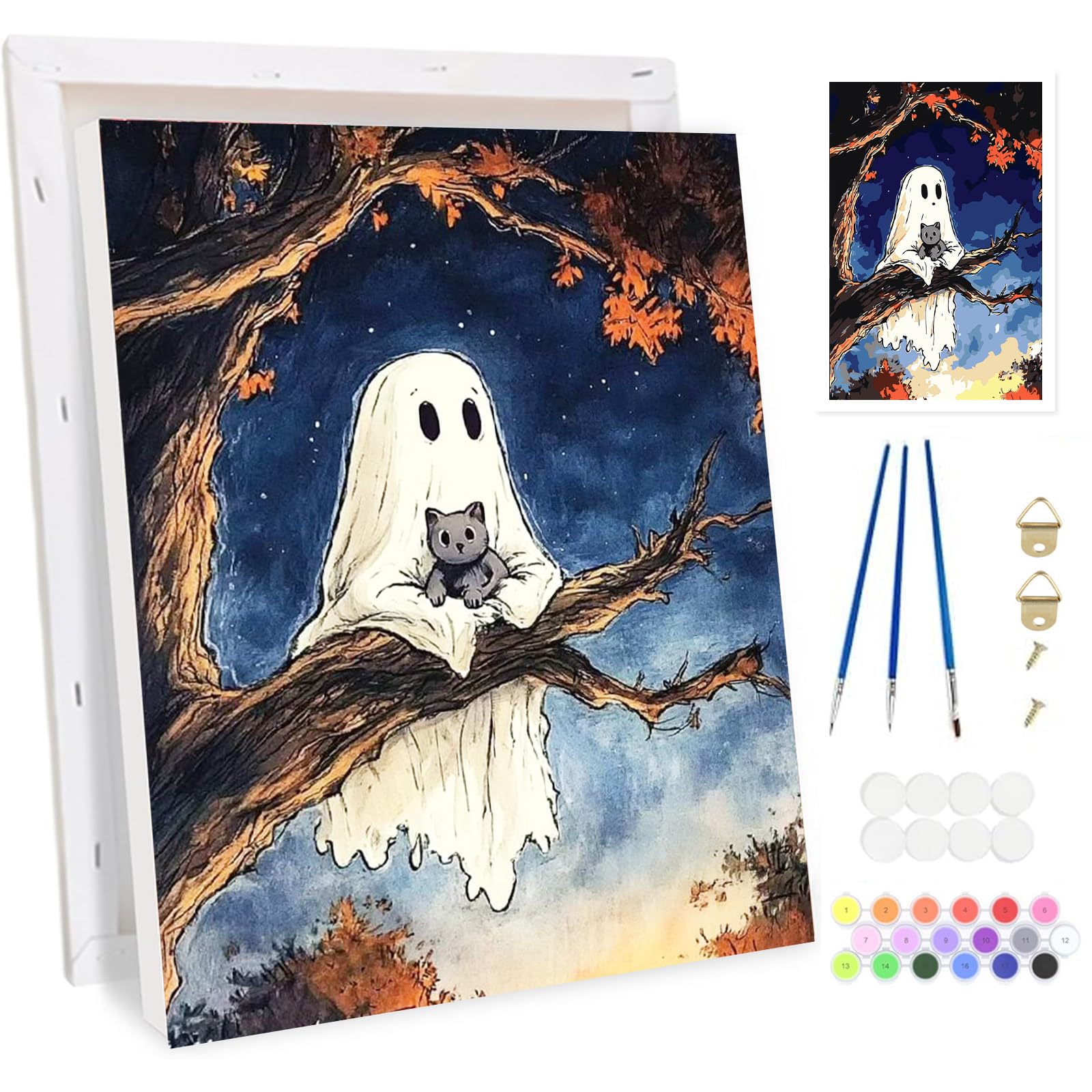 BOWETILE Halloween Ghost and Cat Framed Paint by Numbers for Adults, Landscape Painting by Numbers Kit for Adults Beginners Canvas Kit,DIY Color Oil Painting Acrylic Paints for Home Wall Decor 20x30cm
