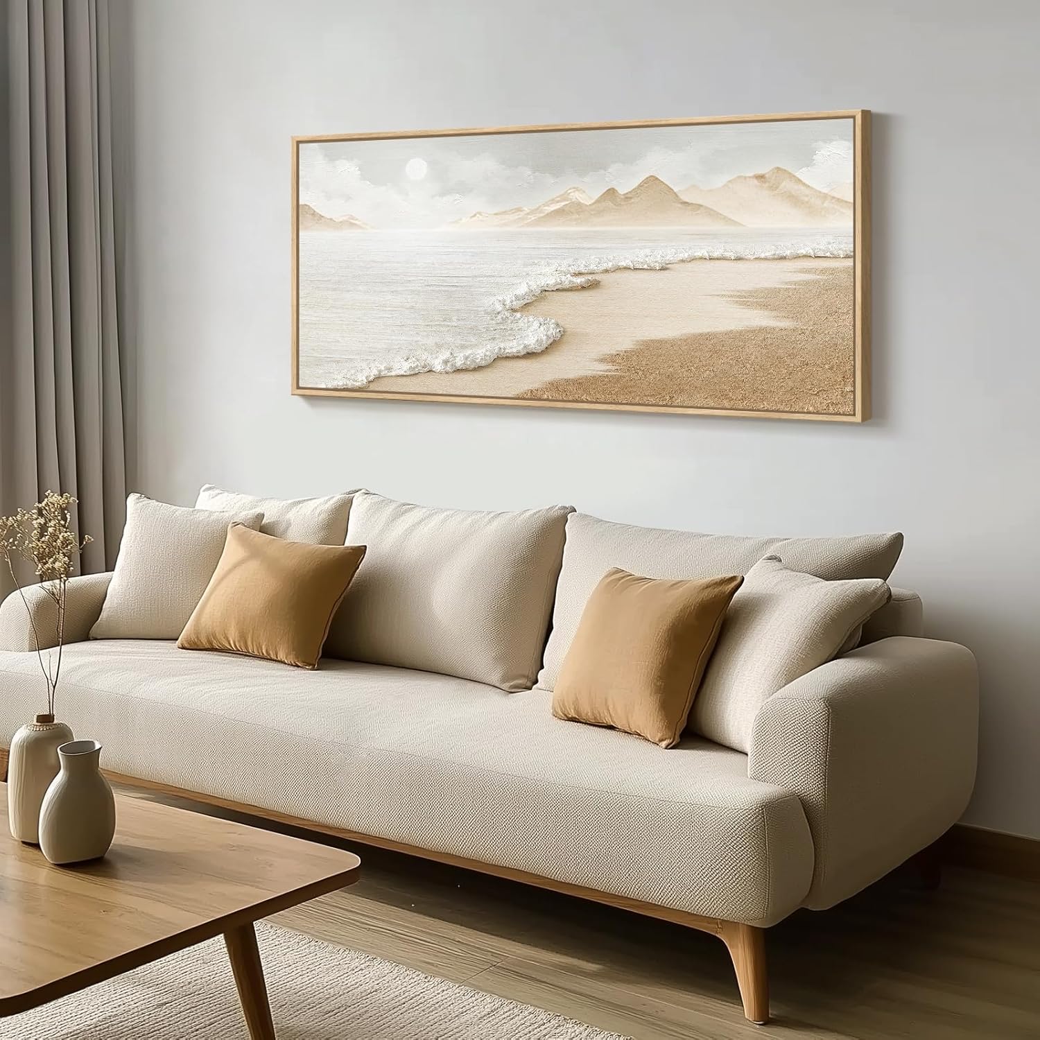framed boho coastal beach wall art for living room, extra large neutral ocean canvas artworks for walls, horizontal abstract minimalist coastal art print for bedroom kitchen office walls, 30x60 inch 60"l x 30"w neutral