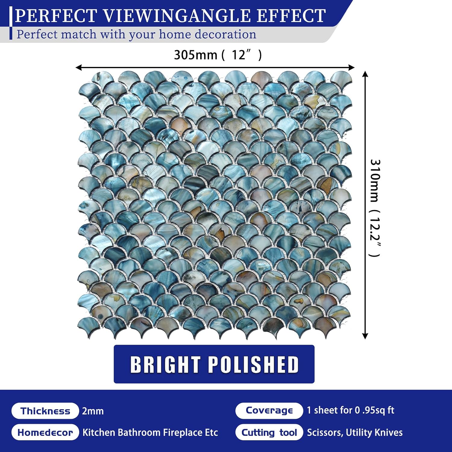 MOP Mother of Pearl Shell Fish Scale Tile Backsplash Fan Mosaic for Kitchen Bathroom Wall 10 Sheets Dark Blue