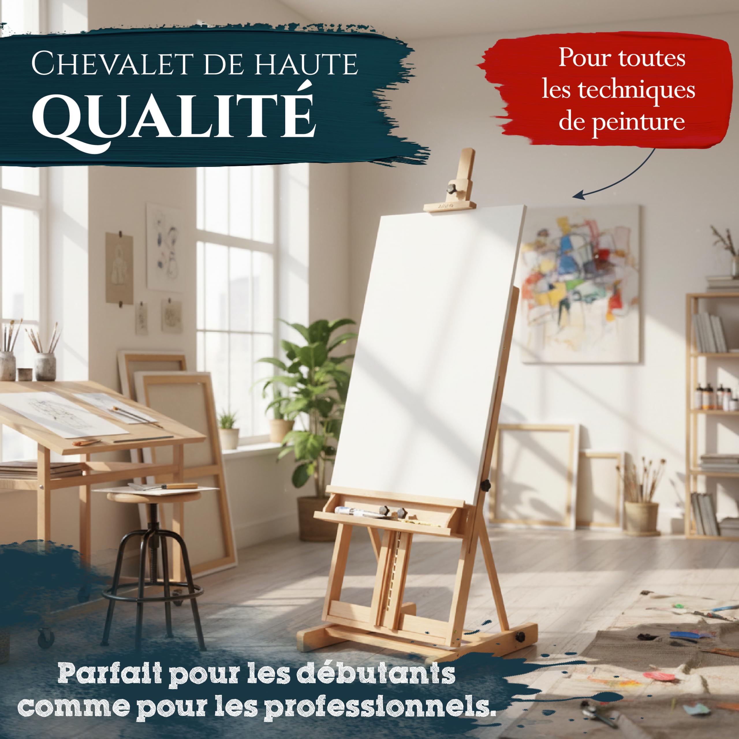 Artina grand chevalet de peinture en bois de hêtre massif pour châssis