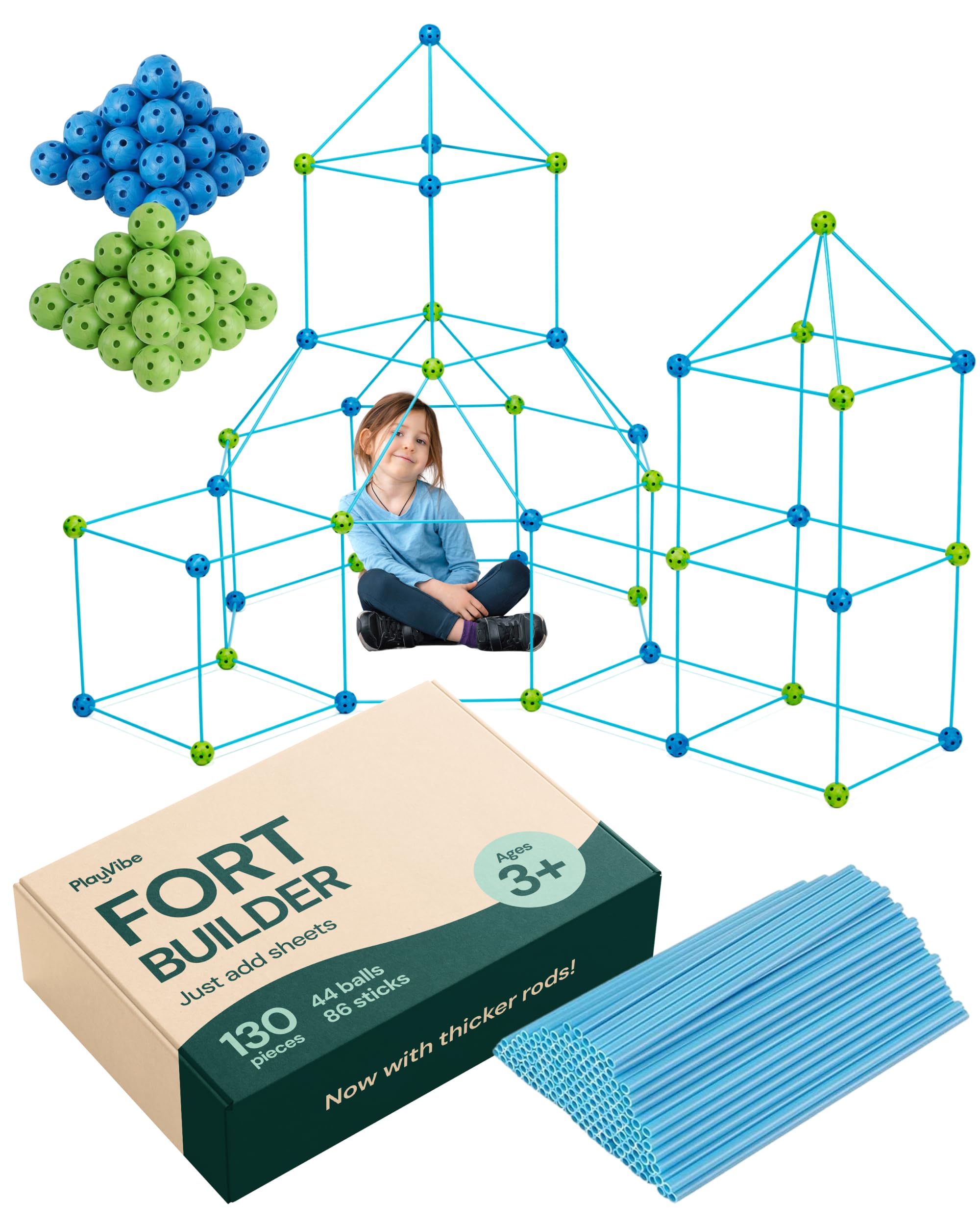 PLAYVIBE Fort Building Kit - 130 Pieces, Blue - Indoor & Outdoor Play, STEM Toy & Building Toys & Creative Forts