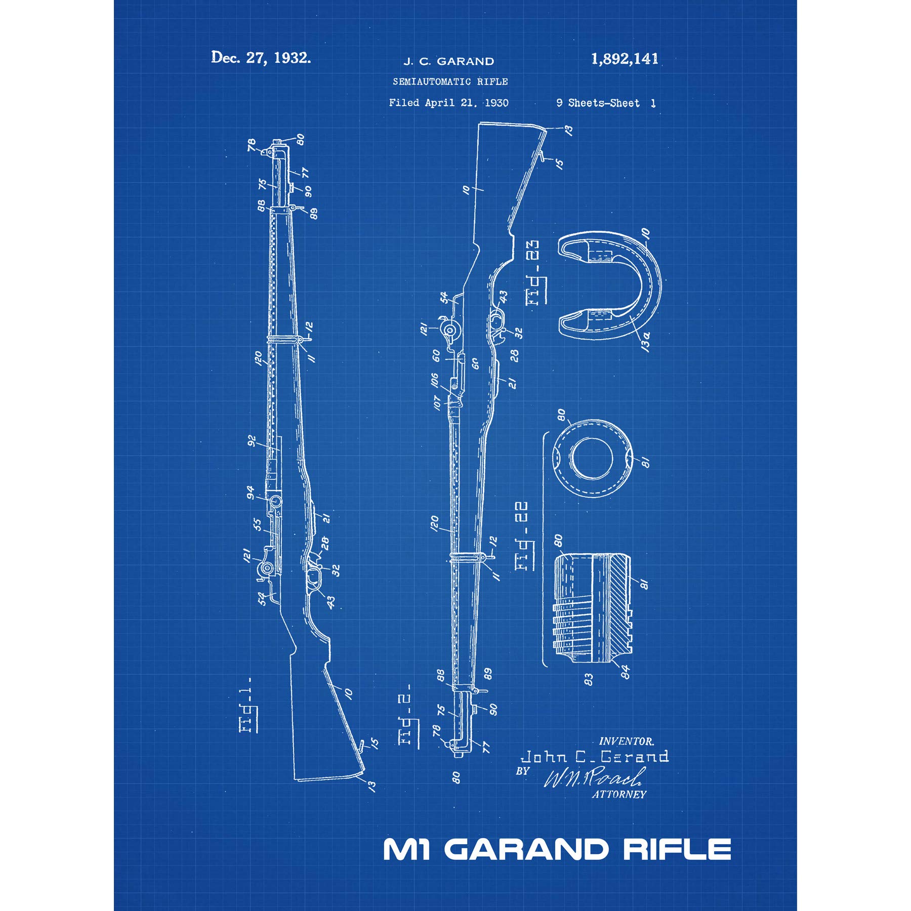 Artery8 M1 Garand Rifle Blueprint Plan Premium Wall Art Canvas Print 18X24 Inch