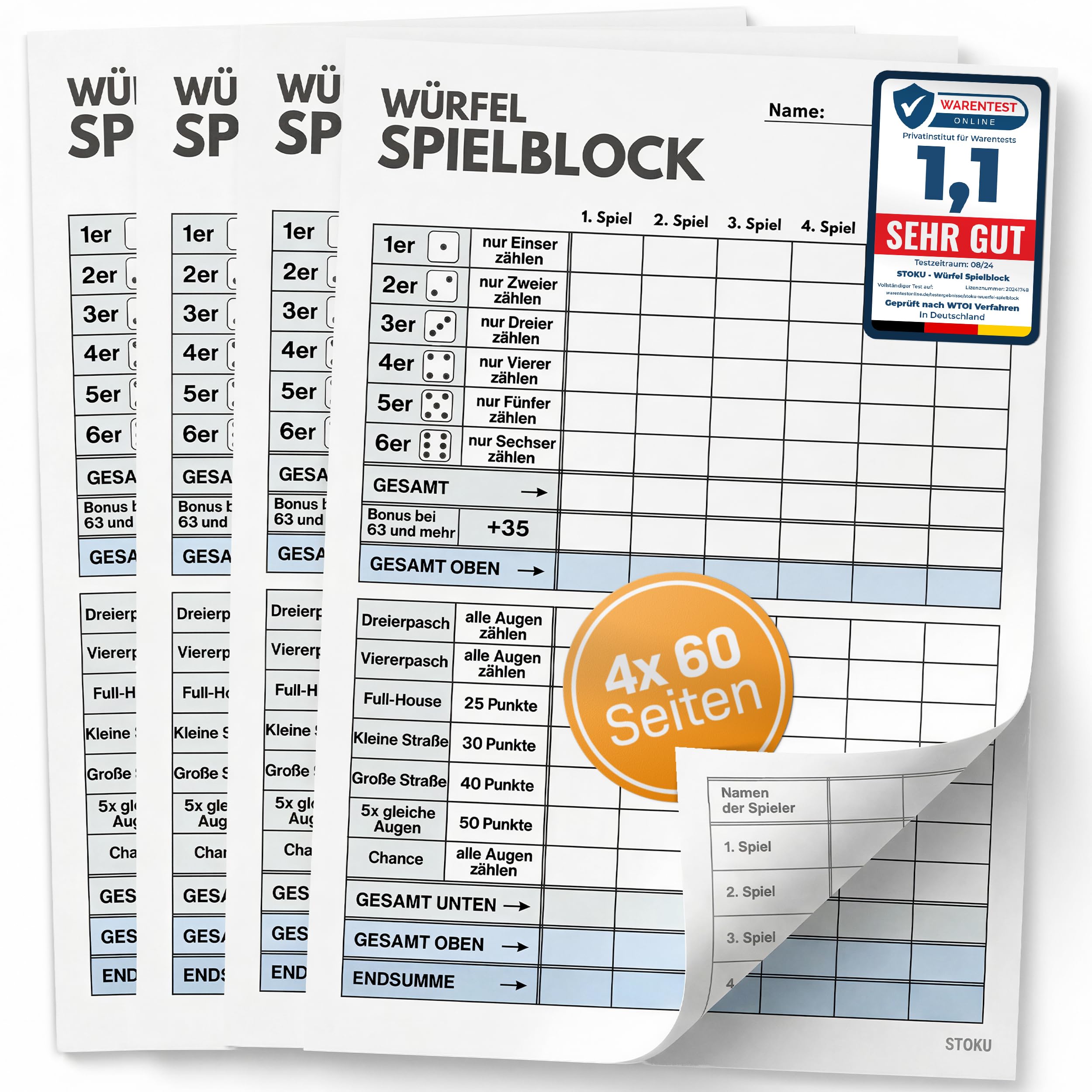 STOKU 4 x Würfelspiel Block DIN A5 - beidseitig Bedruckt mit Spielstand - extra große Schrift für Senioren und Kinder - 4-er Set - je 60 Blatt
